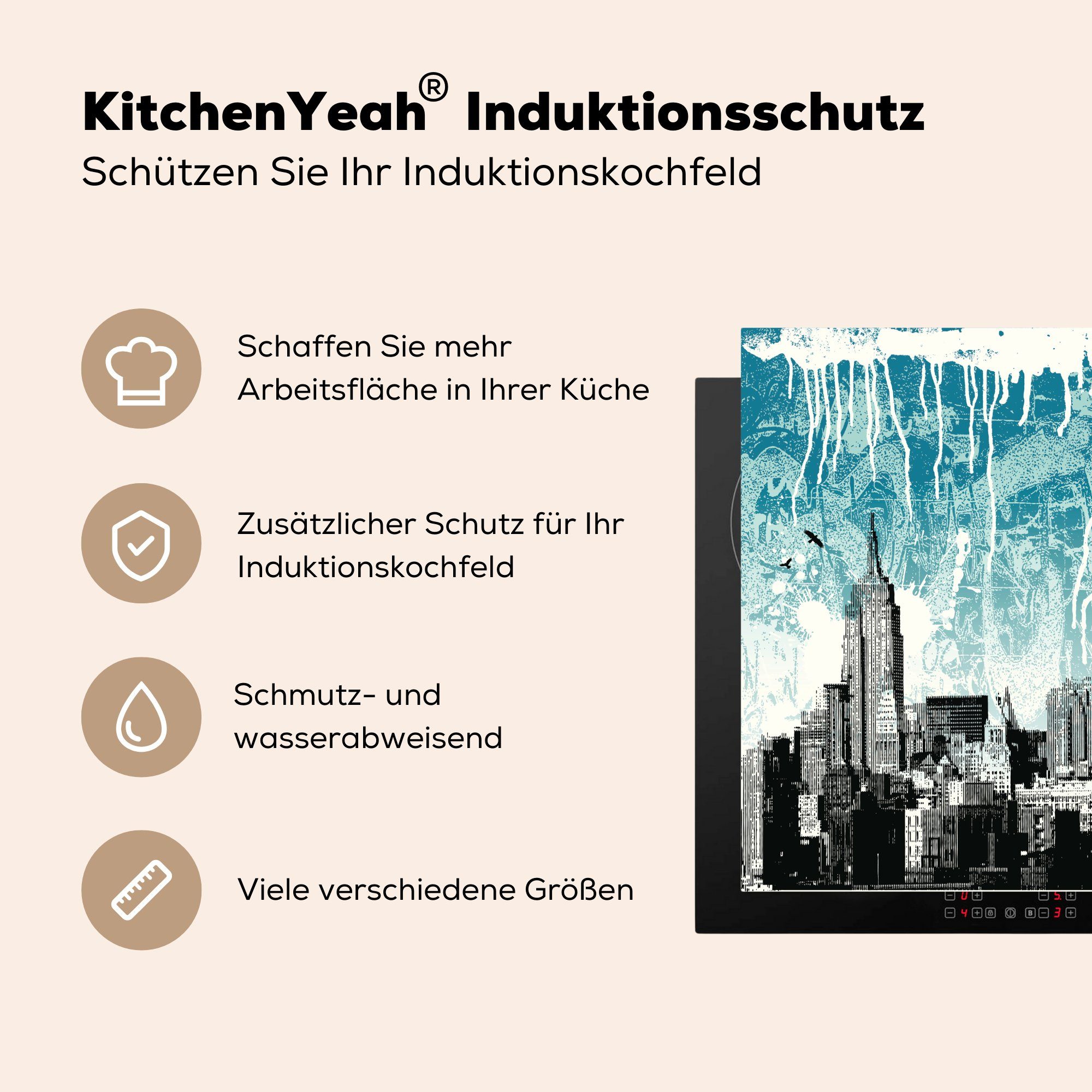 urbanen (1 MuchoWow des Kunst, küche cm, Arbeitsplatte in für Stadtbildes Vinyl, New der Ceranfeldabdeckung, tlg), Illustration Yorker Herdblende-/Abdeckplatte 78x78