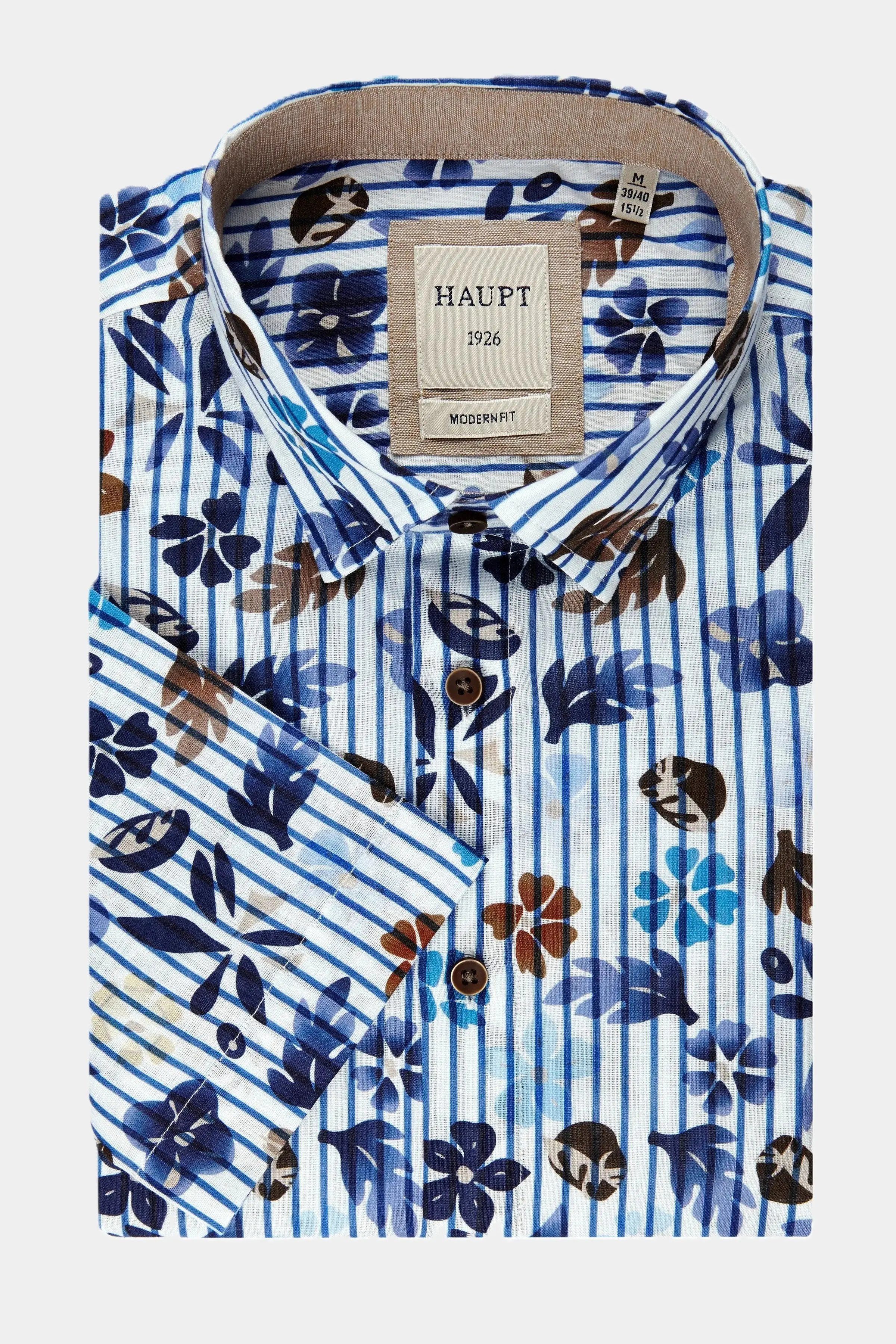 Haupt Kurzarmhemd Modern Fit Kurzarm Popeline-Herrenhemd Blumenprint Weiß Style Sommer