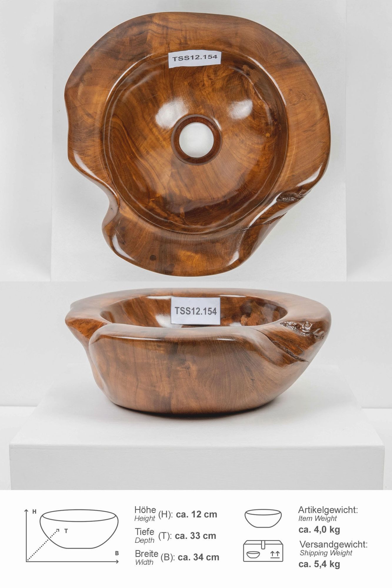 wohnfreuden Aufsatzwaschbecken Teakholz Waschbecken 30 cm braun rund (Kein Set), 39791_TSS12.154