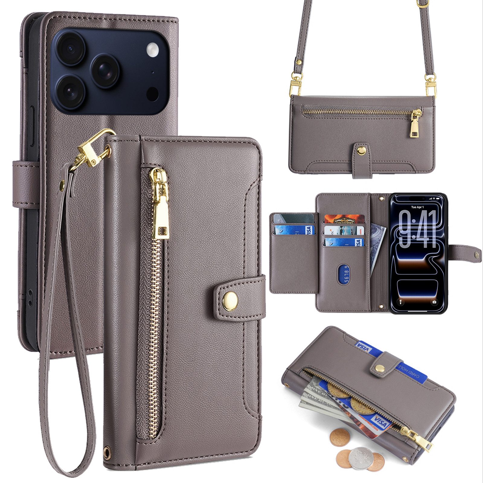 betterfon Handykette mit Portemonnaie für iPhone -Handyhülle Kartenfächern, TPU-Silikon (Hülle) & geflochtenes PPM mit Metallenden (Schnur)