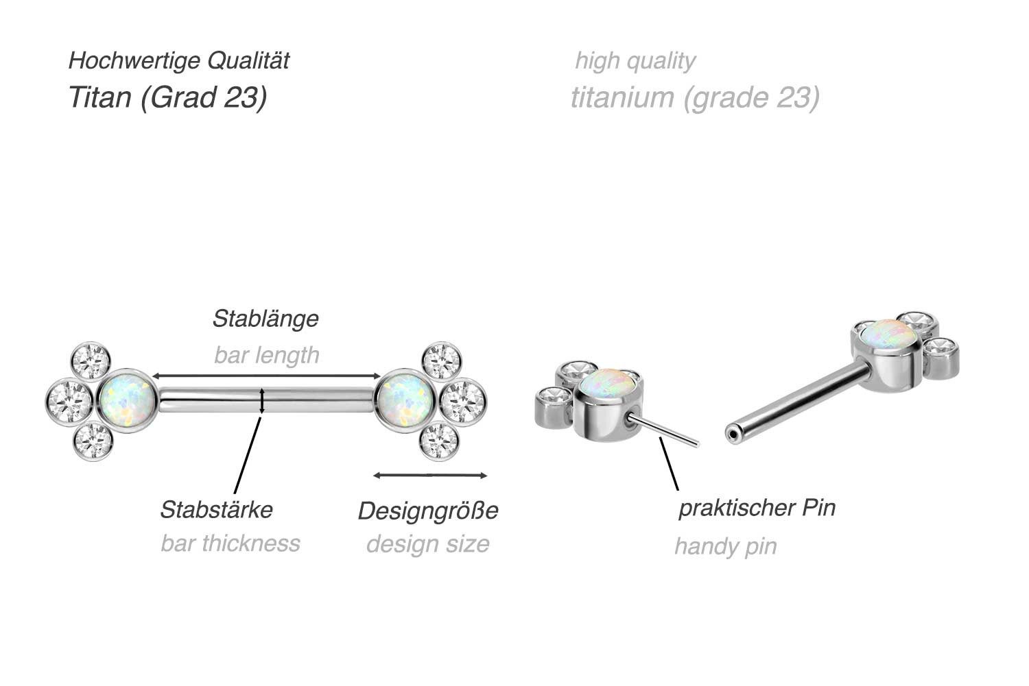 PIERCINGLINE Brustwarzenpiercing Titan Barbell mit Push Fit SYNTHETISCHER OPAL + 3 KRISTALLE (Barbells, 1-tlg)
