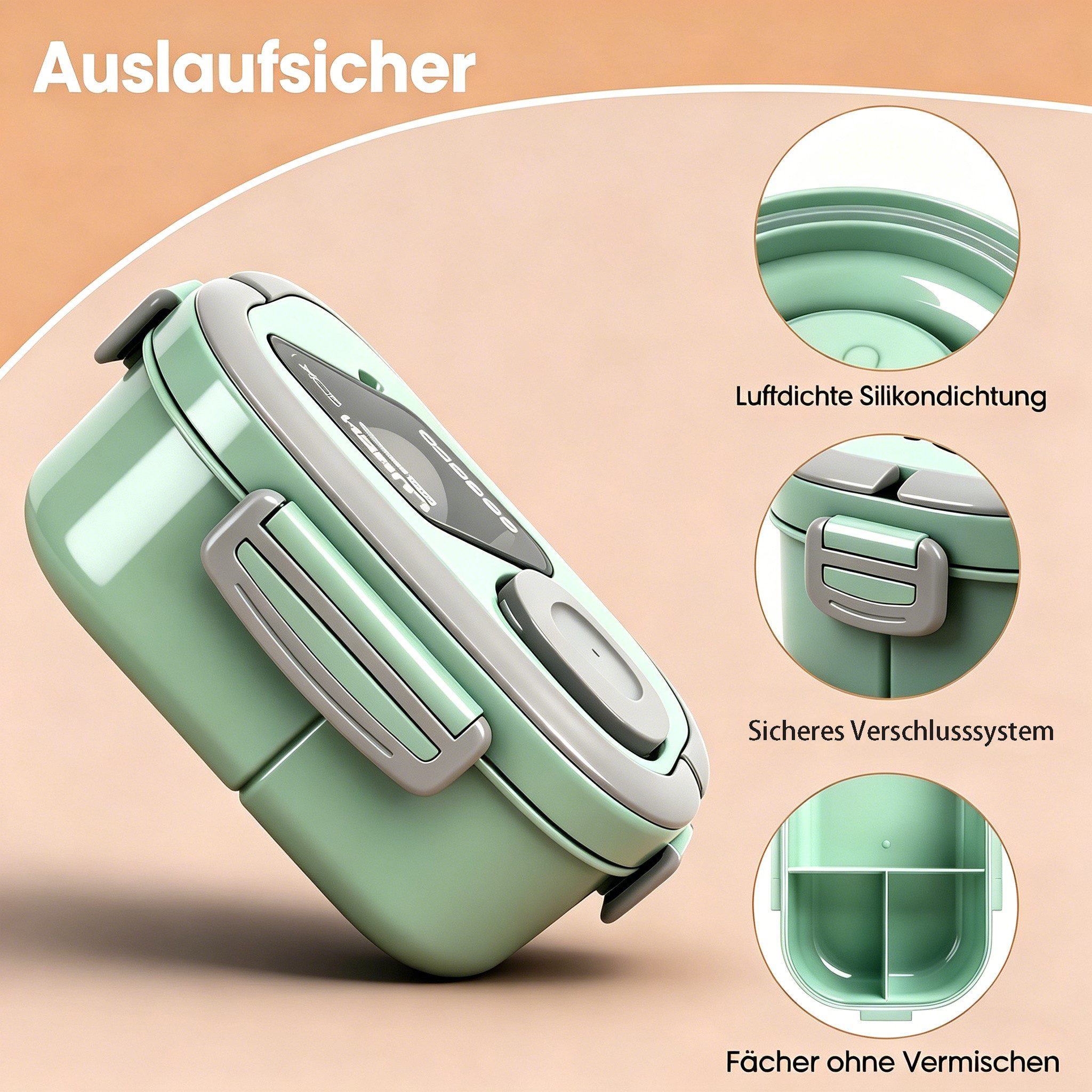Diwzbyn Lunchbox Bento Box Lunchbox 2-stufig, 6 Fächer, Auslaufsicher, BPA-frei, Mit Saucenbehälter & Besteck, mikrowellengeeignet, 1200 ml – Bild 5 von 5