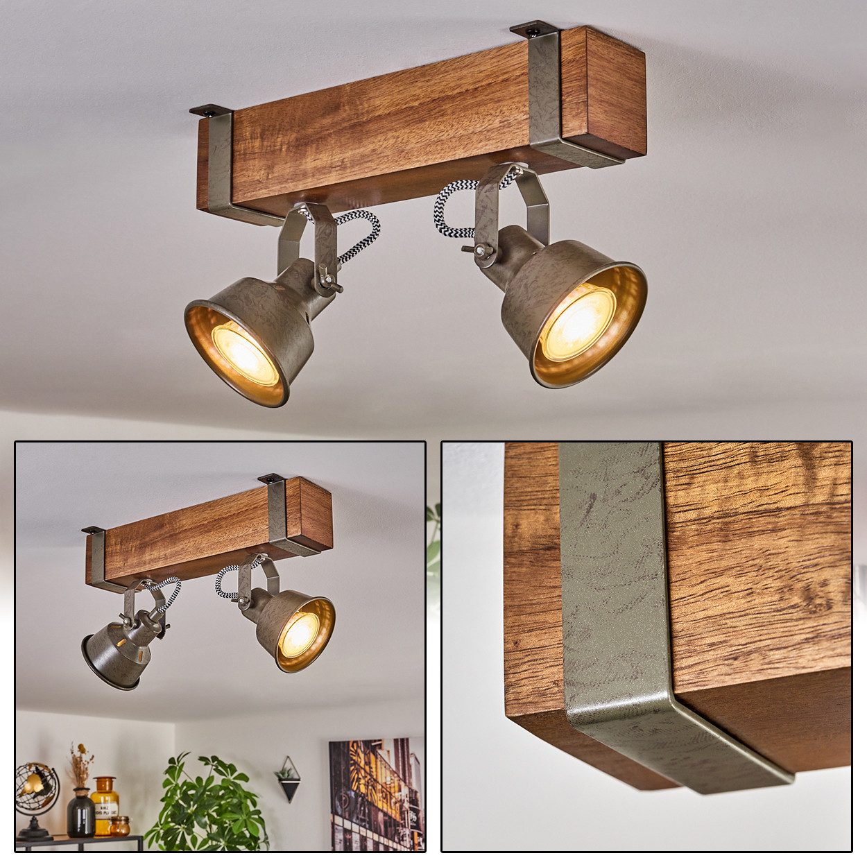 hofstein Deckenleuchte Deckenlampe aus Metall/Holz in Grün-Grau/Dunkelbraun günstig online kaufen