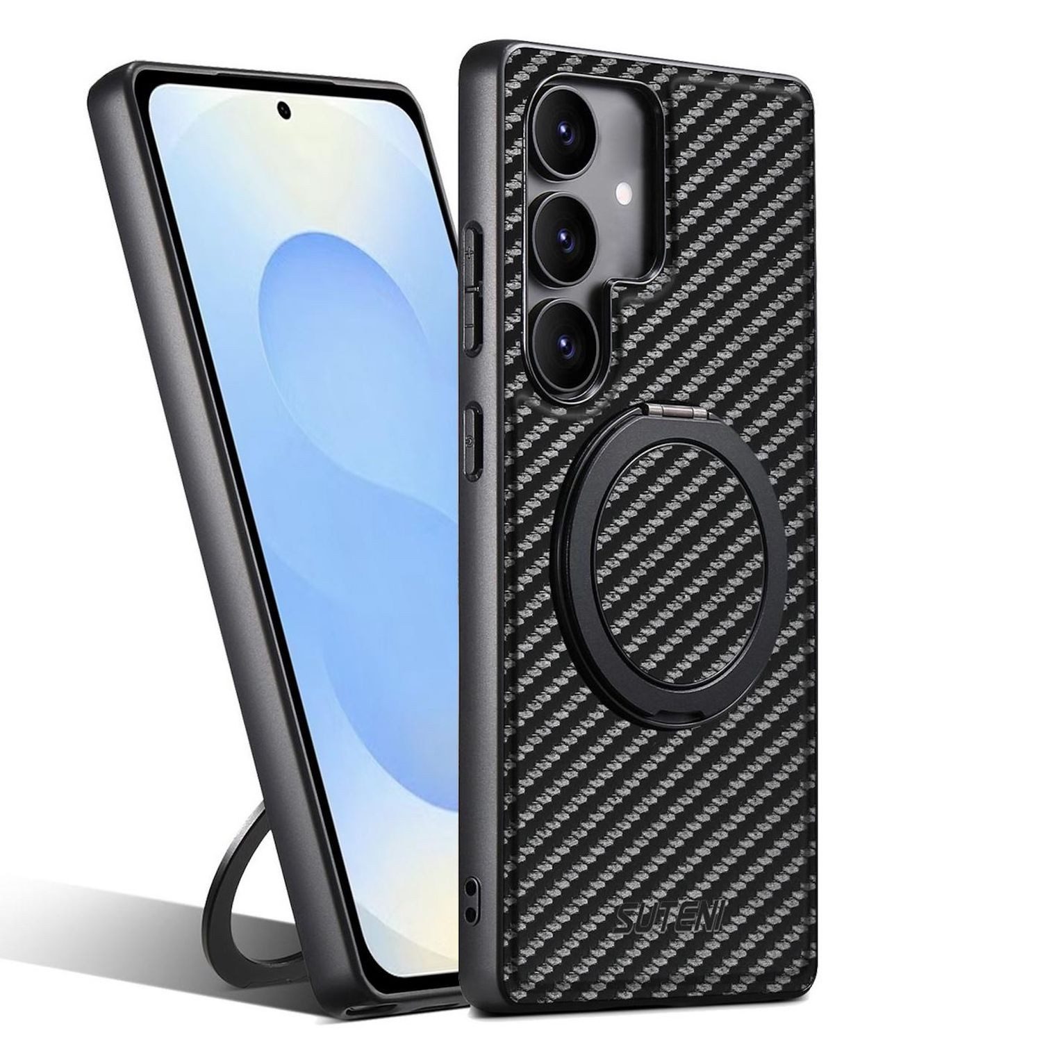 Wigento Handyhülle Für Samsung Galaxy S25 Plus MagSafe Carbon Kunstleder Hülle Schwarz, Magnetische Carbon-Hülle 360 Grad Rotation Ring