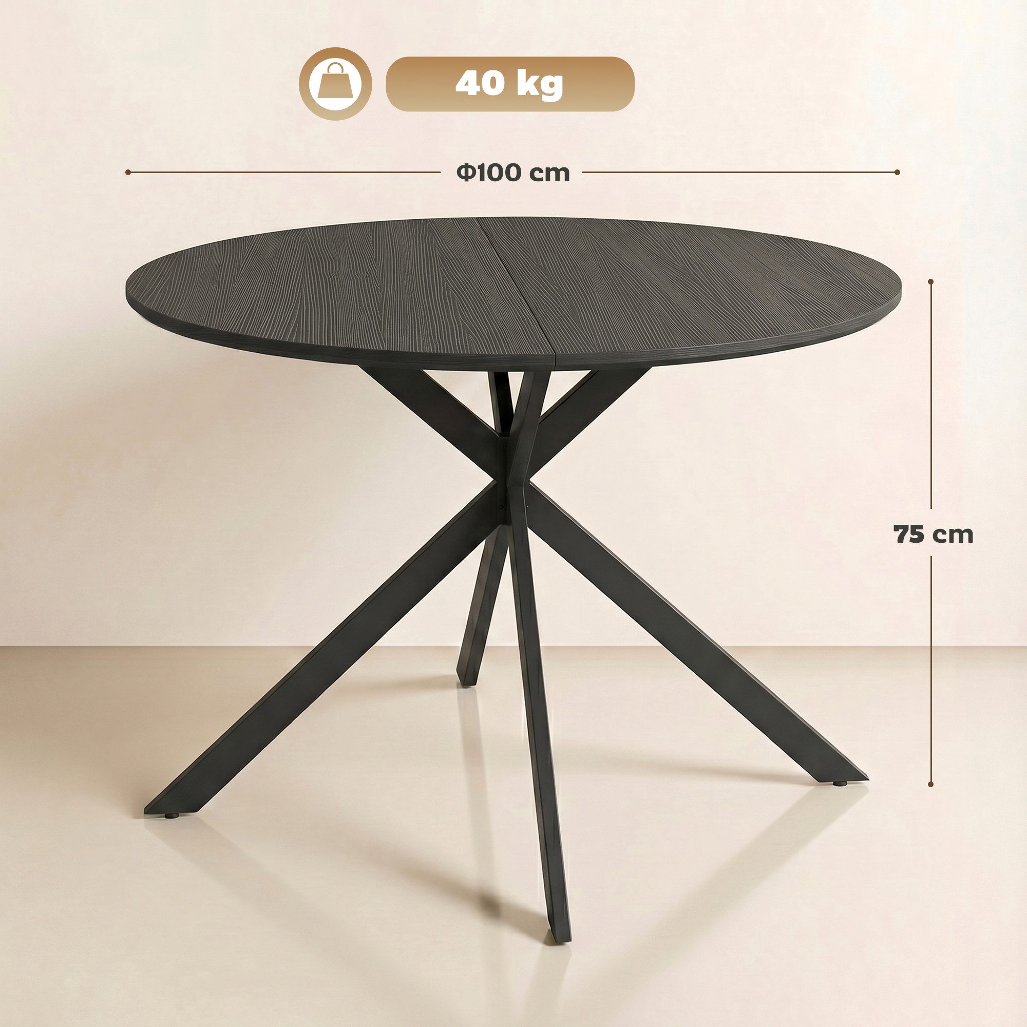 HOMCOM Esstisch Küchentisch im Industriestil mit Stahlbeinen für 4 Personen (für Esszimmer, Küche, Wohnzimmer, 1-St., rund, 100 x 100 x 75 cm), Schwarz
