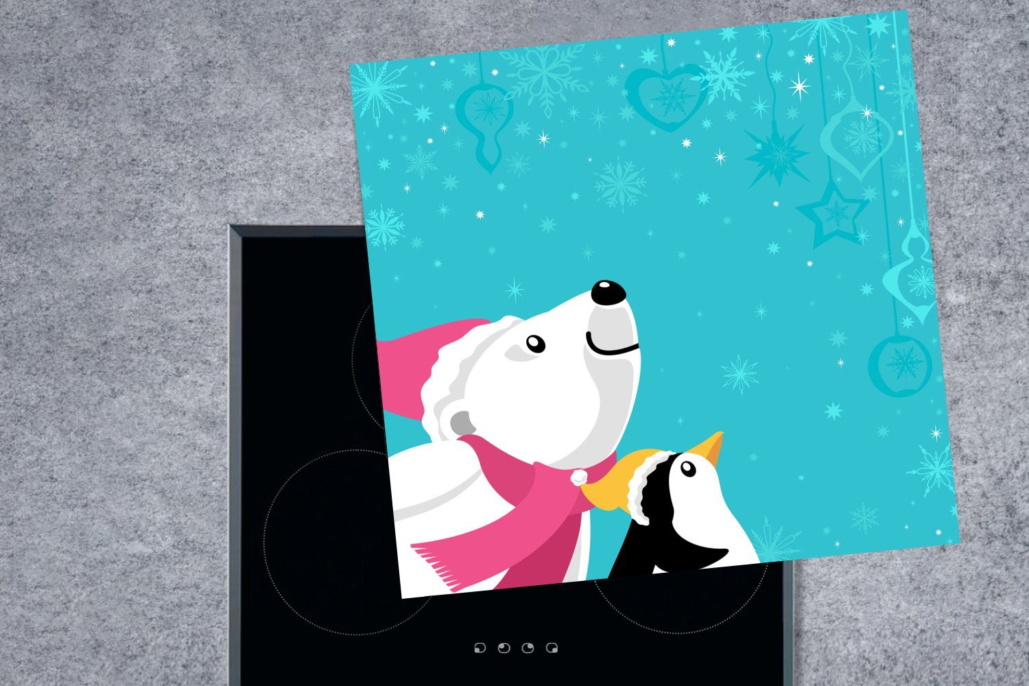MuchoWow eines Ceranfeldabdeckung, Arbeitsplatte 78x78 Herdblende-/Abdeckplatte Pinguins Eisbären küche cm, Vinyl, tlg), für blauem auf eines und Hintergrund, Illustration (1