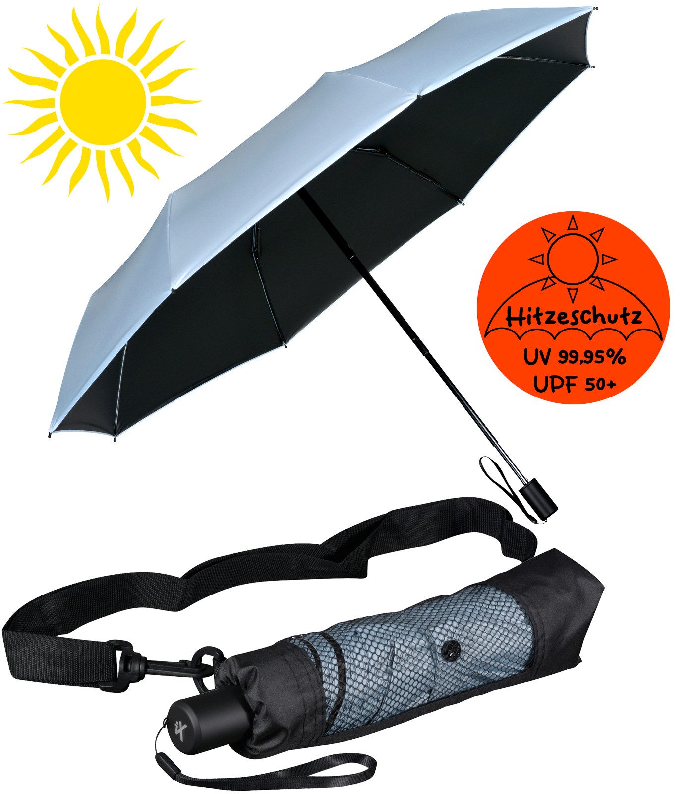 Taschenregenschirm Sonnen-Regenschirm mit UPF 50+, UV-Hitze-Schutz