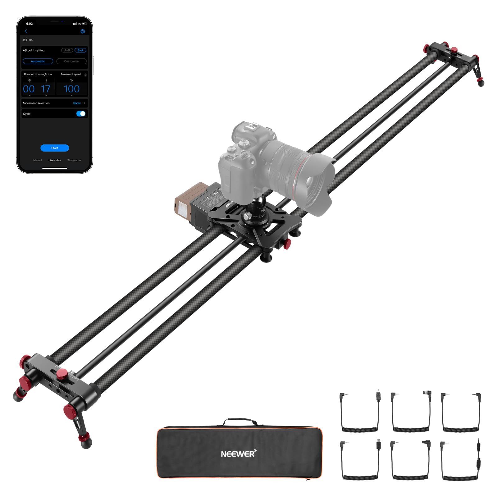 Neewer Kamerahalterung ER1 Motor-Slider 120cm, App-Steuerung, für DSLR/Video, (Packung, Farbe:schwarz, Grundfarbe:schwarz, Intelligente Zweiwege Steuerung)