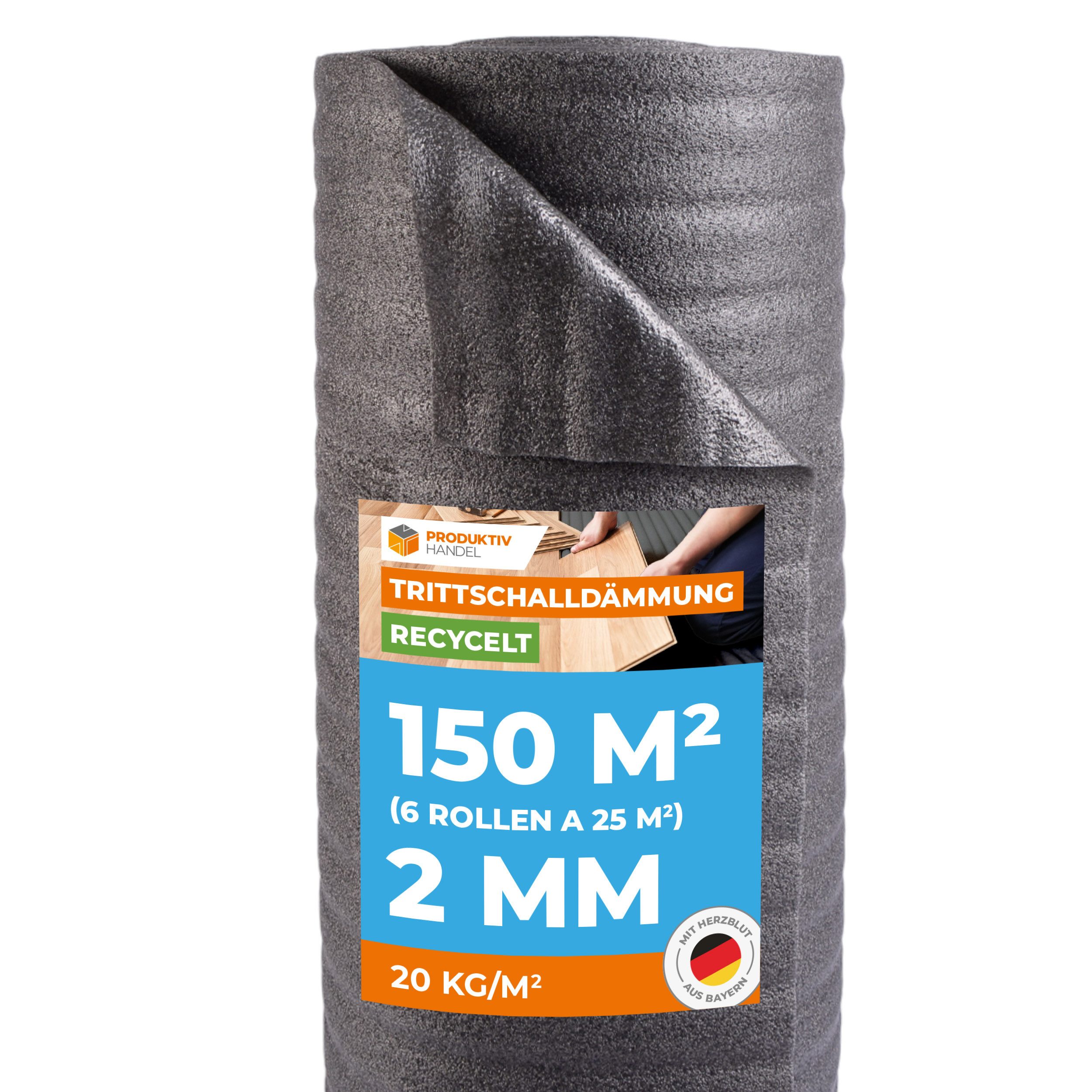 Produktiv Handel Trittschalldämmfolie Trittschalldämmung Profi Basic 2 mm recycelt, 2 mm Stärke, für Laminat und Parkett, (150 m², 6 Rollen á 25 m), für Fußbodenheizung geeignet