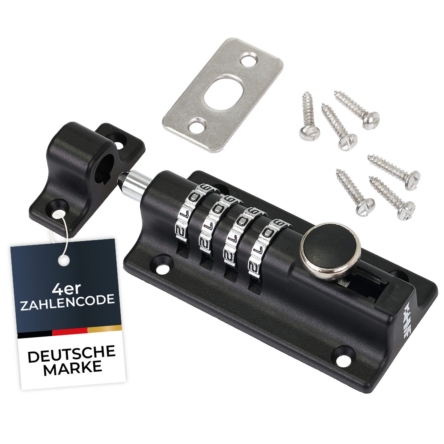 HMF Bolzenriegel Riegelschloss 3591-02, Türriegel mit 4-stelligem Zahlencode, Din Rechts und Din Links, aus Zinklegierung, 12,2 x 4 x 4,8 cm, Schwarz
