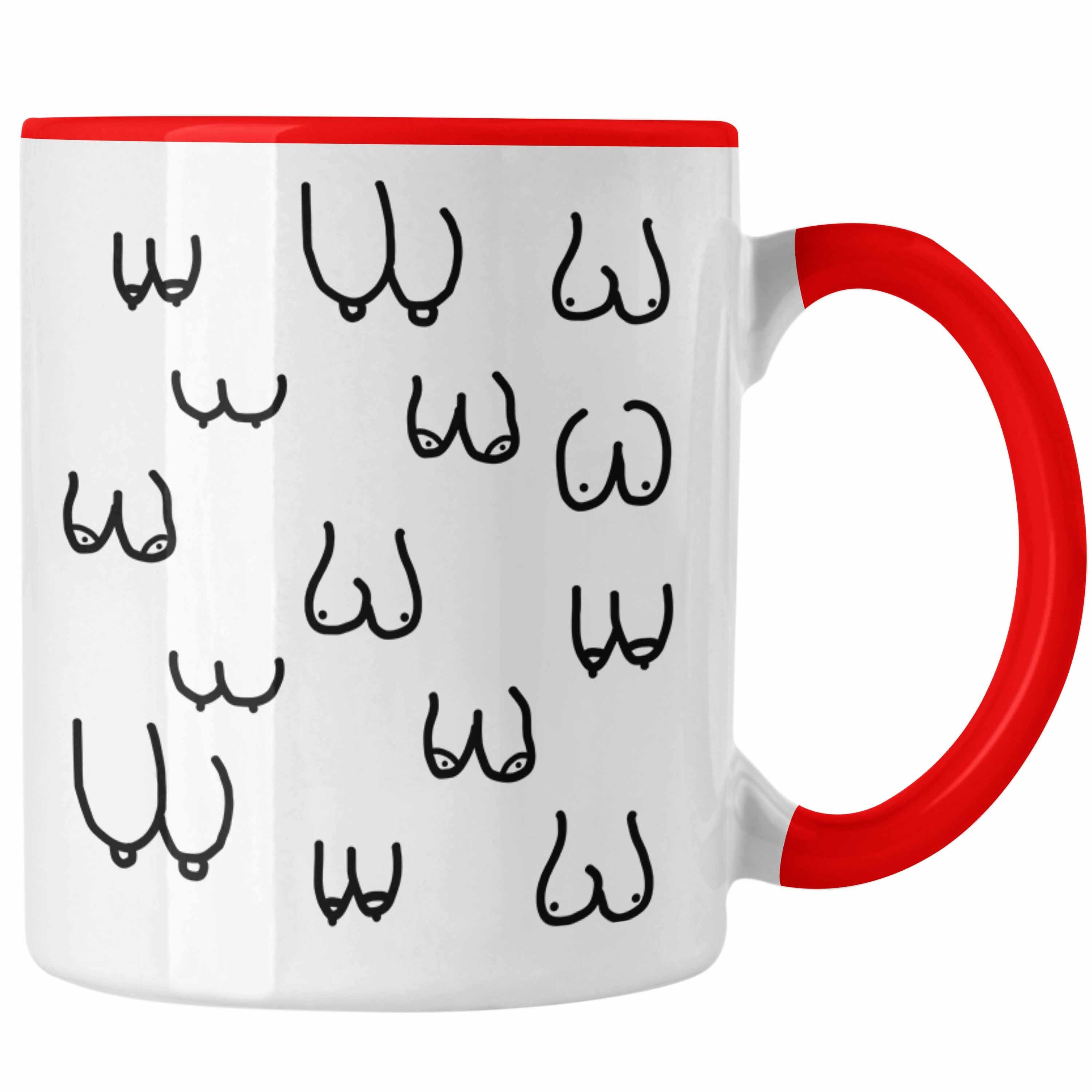 Trendation Tasse Trendation - Lustige Tasse mit Busen / Brüsten für Erwachsene als 18+ Geschenkidee Lustige Feminismus Kaffeetasse Rot