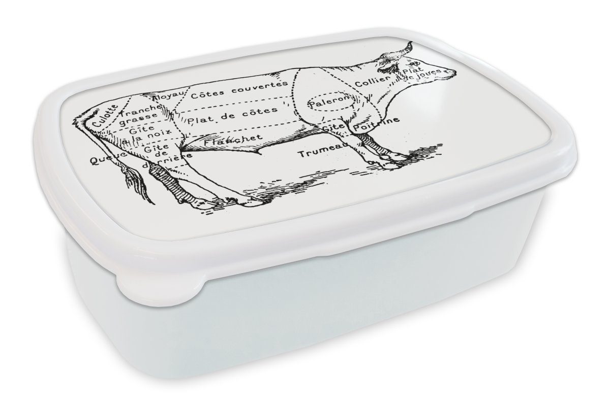 MuchoWow Lunchbox Antike Illustration, die das Schema des Metzgers für eine Kuh zeigt, Kunststoff, (2-tlg), Brotbox für Kinder und Erwachsene, Brotdose, für Jungs und Mädchen weiß