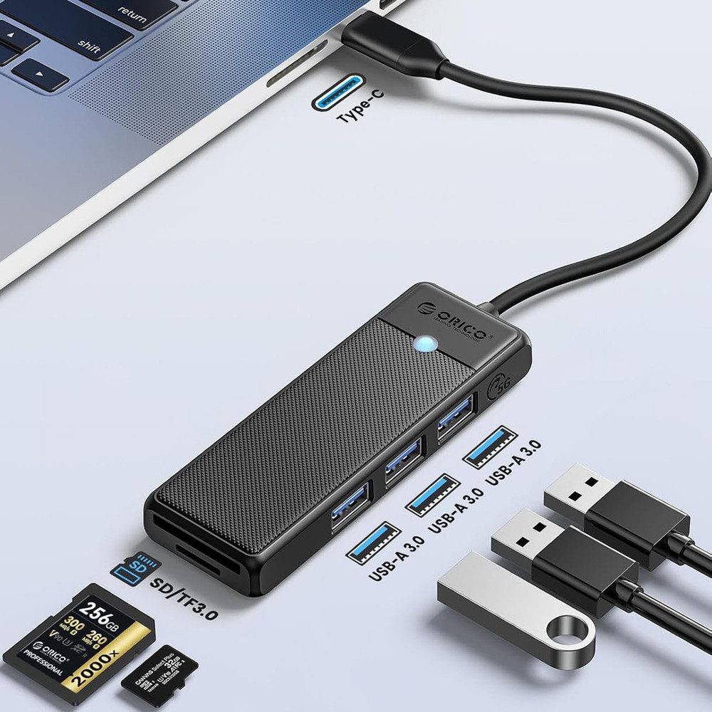 ORICO USB-Hub Verteiler HUB (4-in-1, USB-A, 3x USB-A, Kartenleser, 5 Gbit/s)