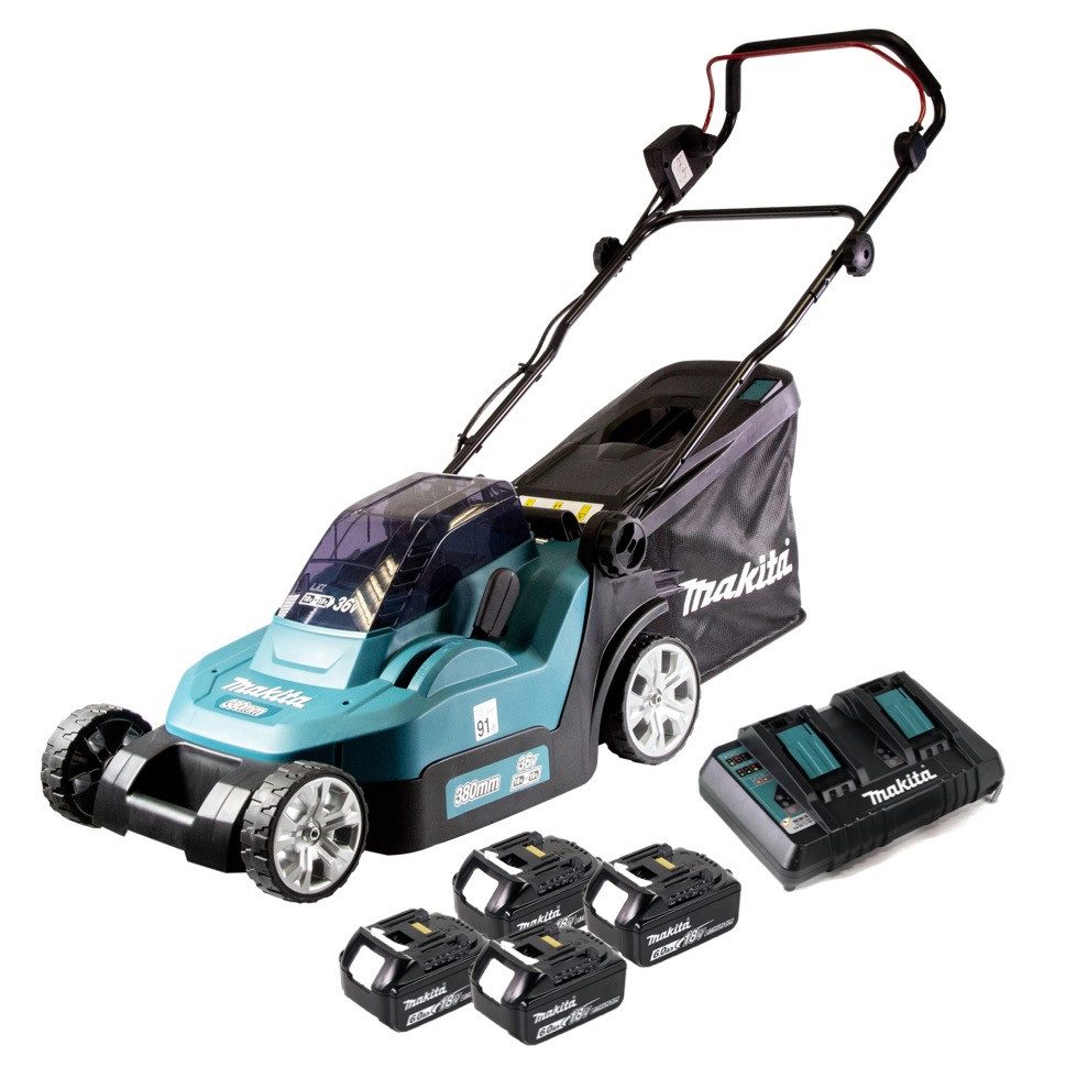 Thumbnail - Makita Akkurasenmäher DLM 382 PG4 Akku Rasenmäher 36 V (2x 18 V) 38 cm 40 l + 4x Akku 6,0