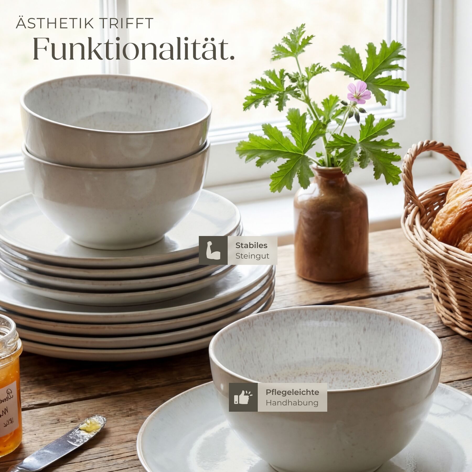 tectake Geschirr-Set Tafelservice aus Steingut für 6 Personen, ineinander stapelbar (24-tlg), 6 Personen, Steingut, handgefertigt, mit Glasur, spülmaschinen- un – Bild 4 von 5