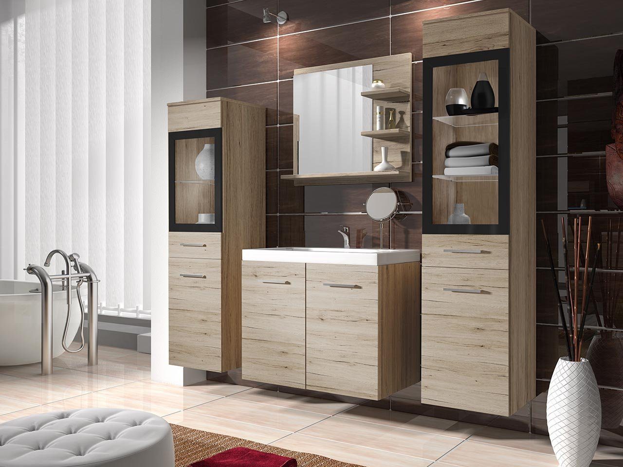 MIRJAN24 Badmöbel-Set Madrit I, (5er-Set, Schrank, 2x Hochschrank, Regal mit Spiegel, Waschbecken mit Siphon), Beleuchtung als Option
