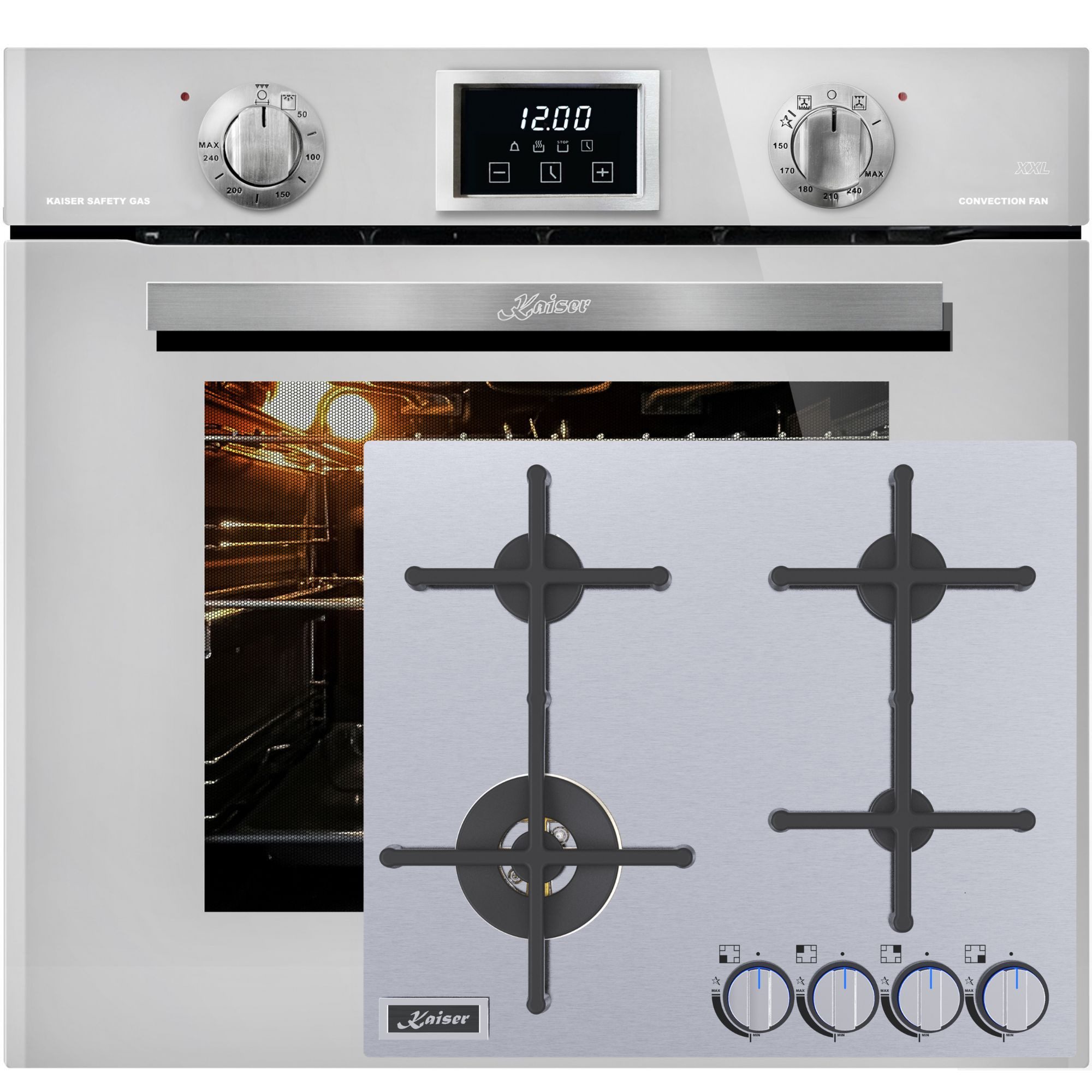 Kaiser Küchengeräte Backofen-Set Herd Set Autark Gasbackofen, 79 L, autark, Grill, Selbstreinigung Umluft Weiß Glas+Gas-Kochfeld 60 cm Edelstahl mit Anti touch-Effekt, Magnetische Gusseisen Topfhalter, Geeignet für Erdgas & Flüssiggas EG 6374 W+ KG 6236 Turbo, mit 1-fach-Teleskopauszug