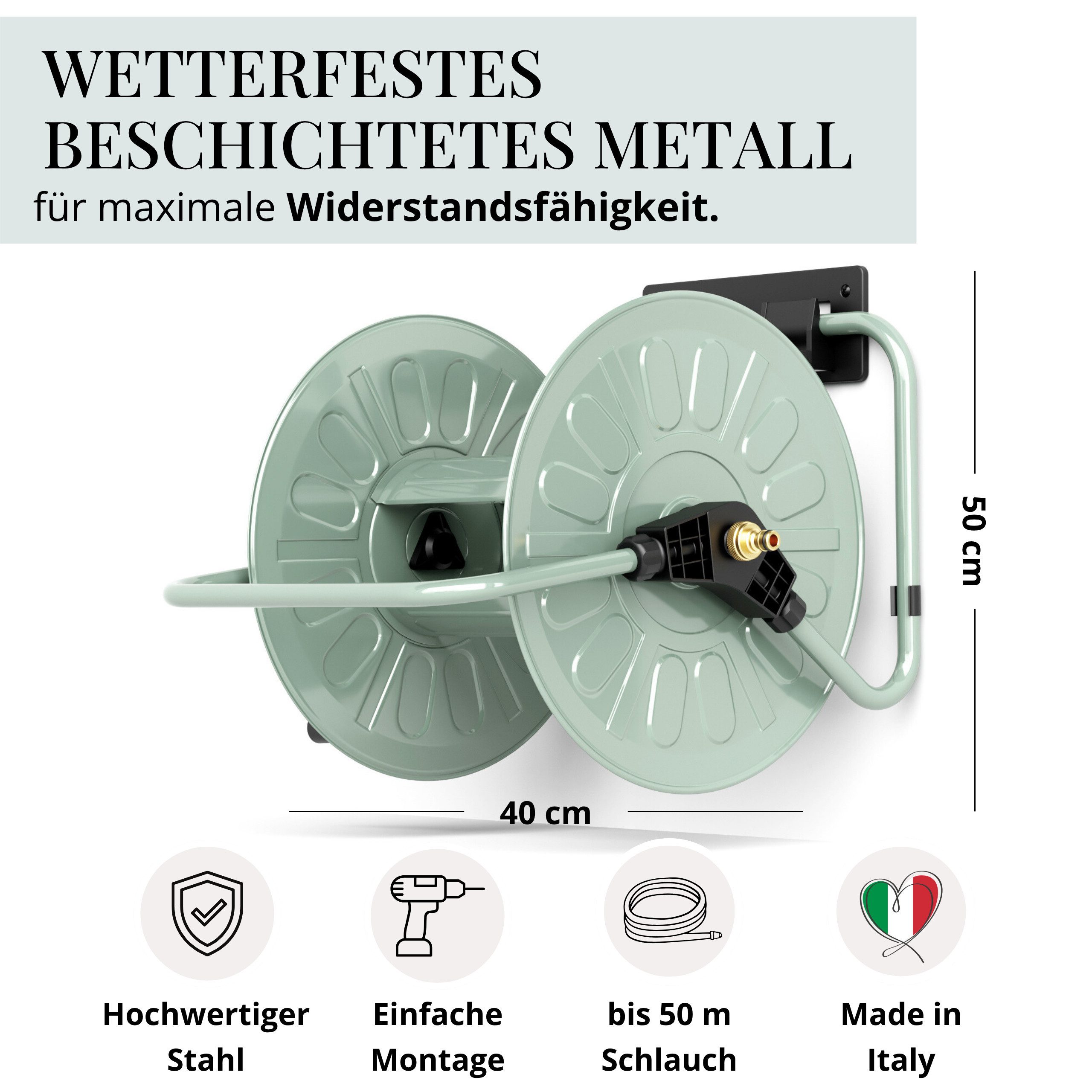 LIVLIG Schlauchtrommel Metall für bis zu 50m Schlauch, Schlauchaufbewahrung, Schlauchhalter, (Schlauchtrommel inkl. Wandhalterung), Wandmontage oder Bodenplatzierung, bei Nutzung flexibel platzierbar