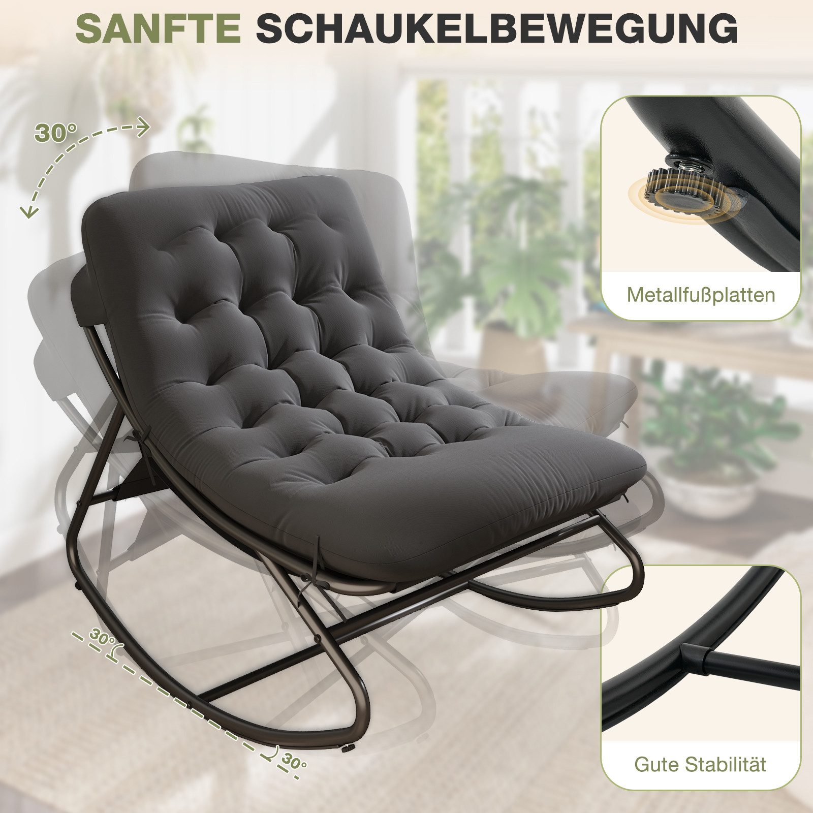 AOXUN Schaukelstuhl Loungesessel Metall Schwarzgrau, mit Hocker – Bild 3 von 5