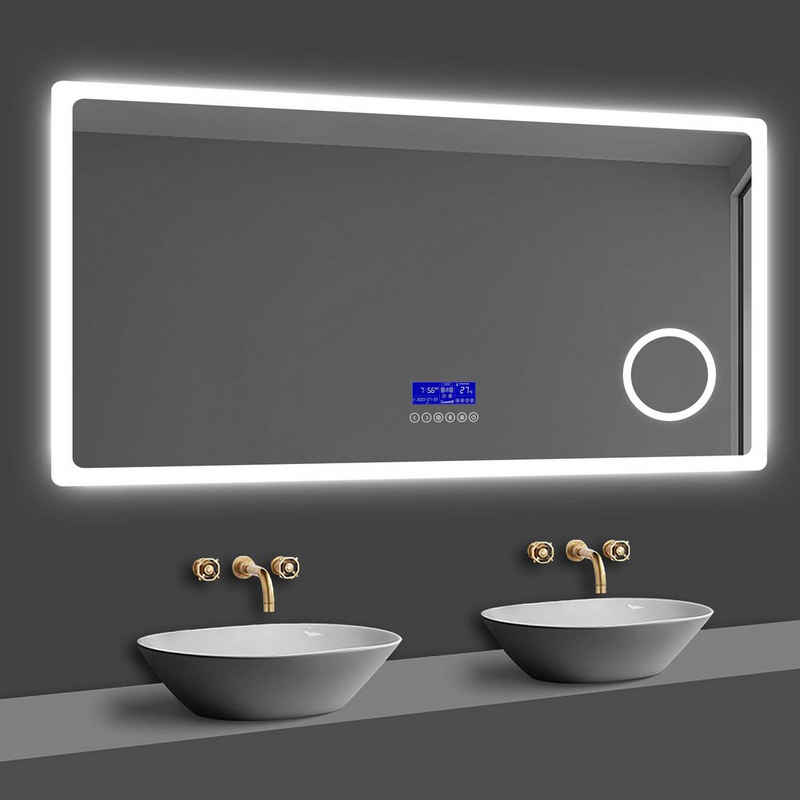 duschspa Badspiegel 80-160 cm Uhr, Touch, Beschlagfrei, 3xSchminkspiegel Kalt/Warmweiß, Bluetooth