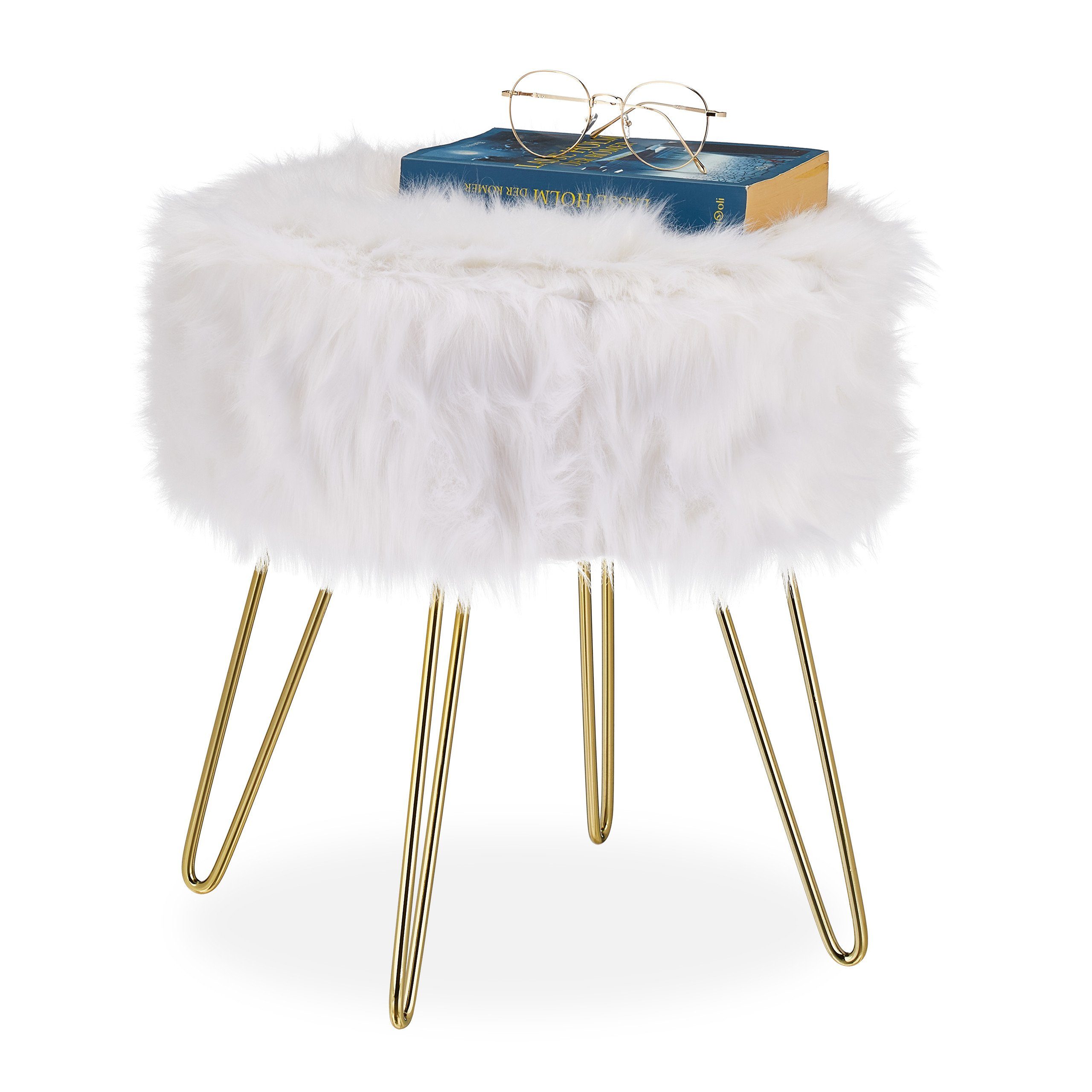 relaxdays Sitzhocker Fellhocker Kunstfell Weiß-Gold günstig online kaufen