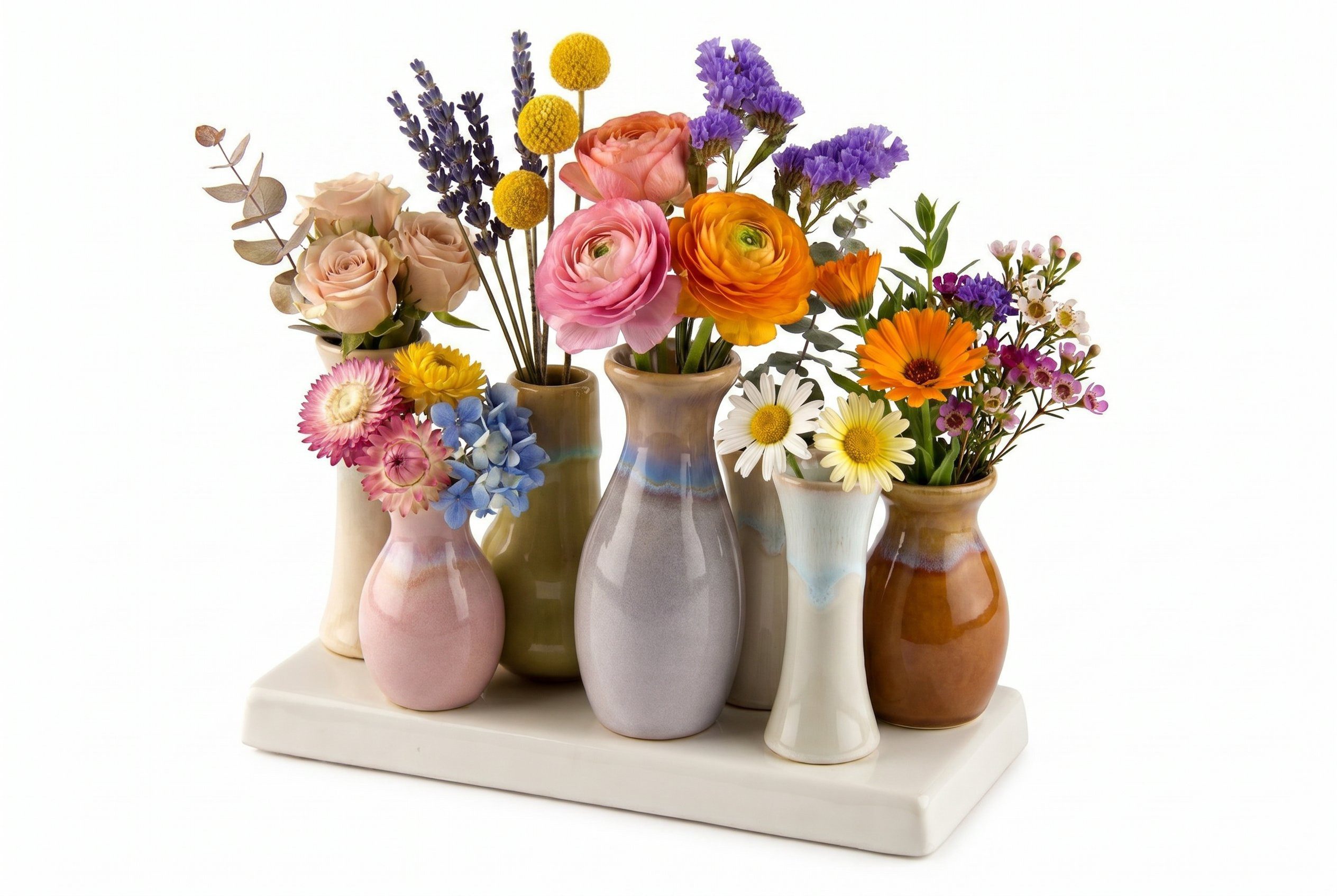 WestCraft Dekovase Handgefertigte kleine Keramik Deko Blumenvasen Set aus 7 Vasen in cozy (1 St), & weiß, dekorative Keramikvasen auf festem Sockel, hübsche Mini Vase