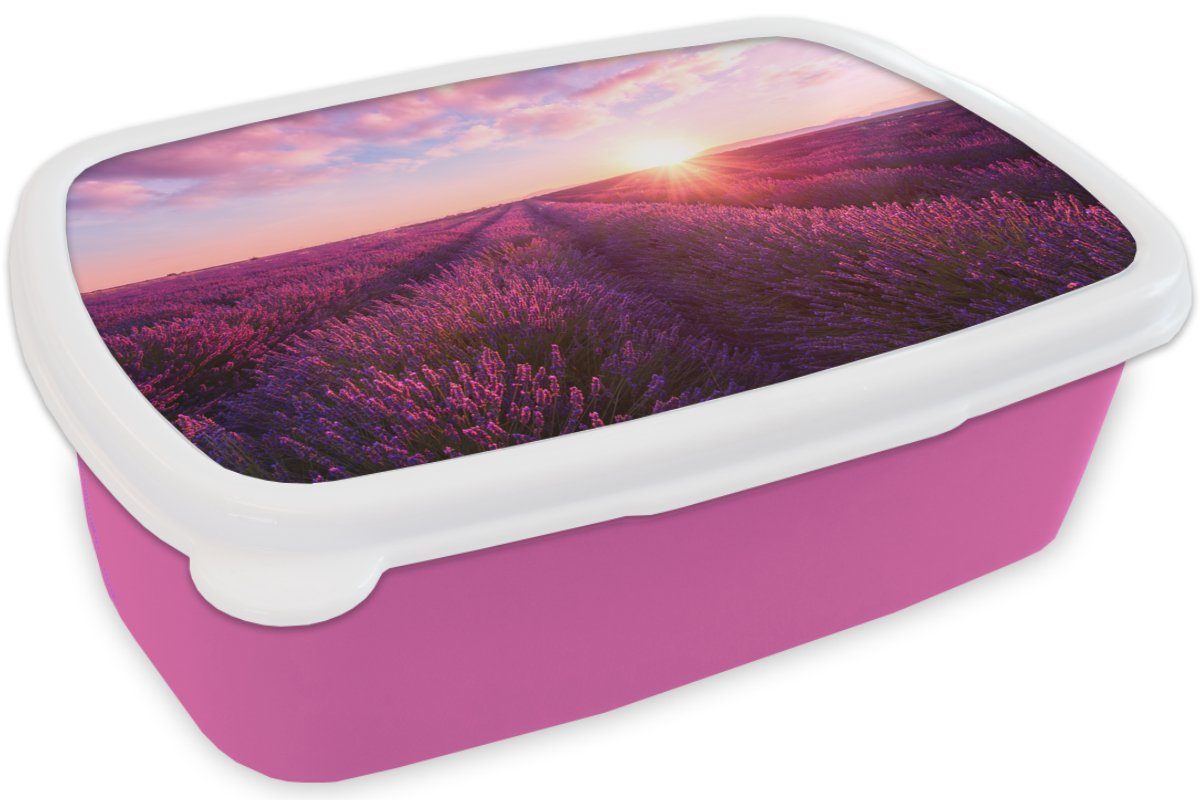 MuchoWow Lunchbox Lavendel Blumen Brotbox für Frankreich, Snackbox, (2-tlg), Kinder, Brotdose - Kunststoff, Mädchen, Erwachsene, - rosa Kunststoff