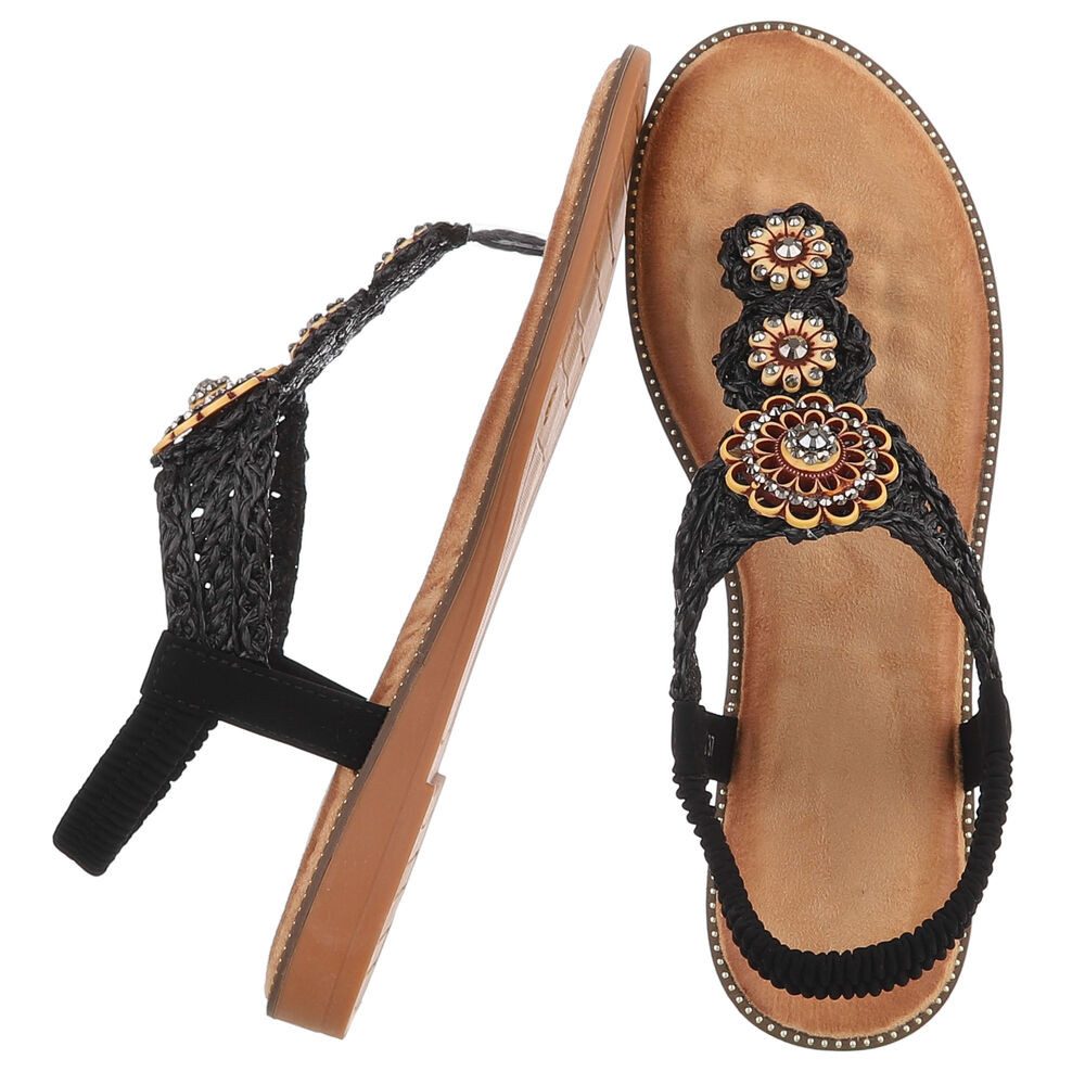 Ital-Design Damen Boho Zehentrenner Sandale mit Schmuckdetails Zehentrenner (91971235) Blockabsatz Riemchensandalen in Schwarz – Bild 2 von 5
