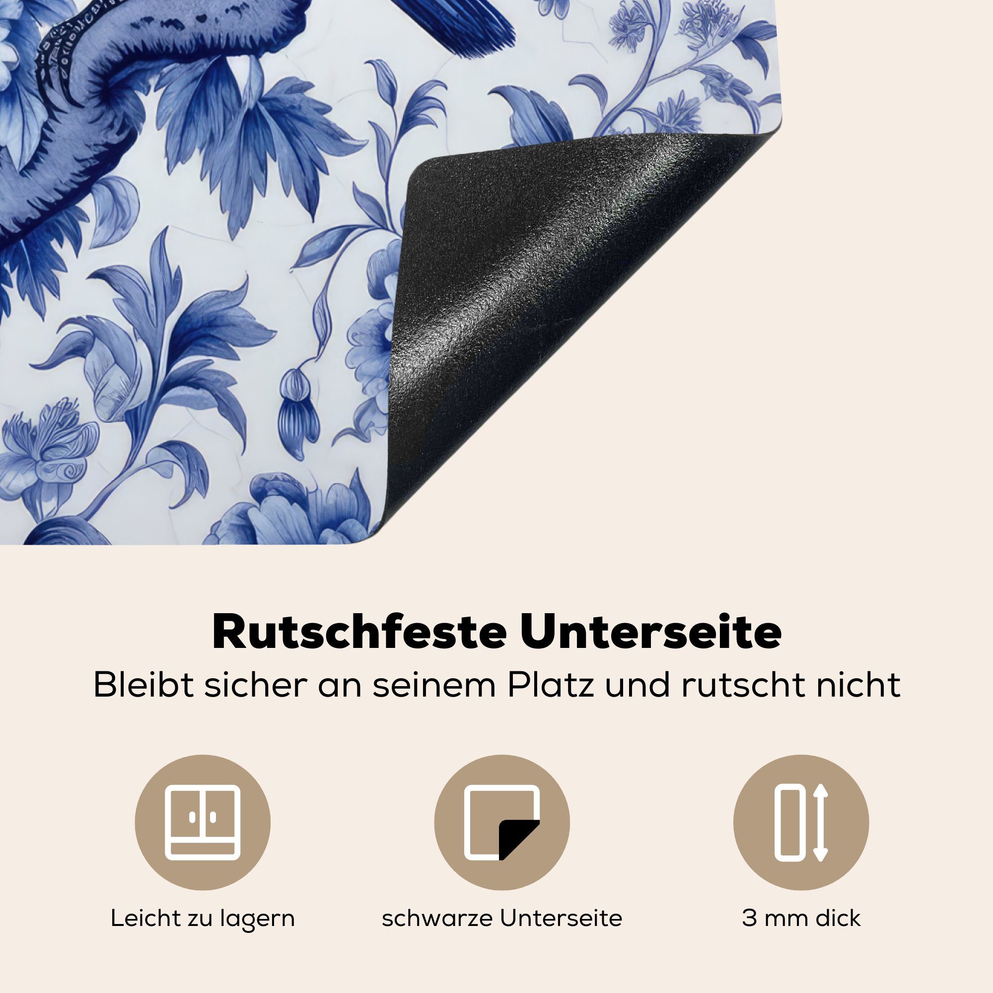 Niederländisch, 60x52 Blau Delfter Vogel cm, nutzbar, Blumen - - Mobile Herdblende-/Abdeckplatte Kunst tlg), Arbeitsfläche - Ceranfeldabdeckung - Vinyl, MuchoWow (1