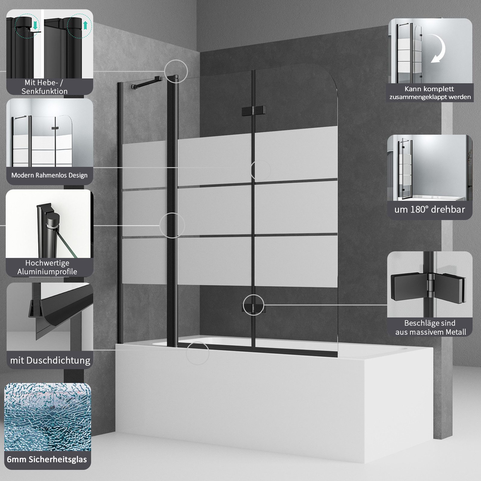 Boromal Badewannenaufsatz Schwarz Duschwand für Badewanne milchglas mit Haltestange, 6mm ESG, 160x140, 150x140, 140x140cm, (Duschtrennwand Glas Gestreift, 2teilig Faltwand mit festem segment), mit Duschdichtung, Hebe- / Senkfunktion