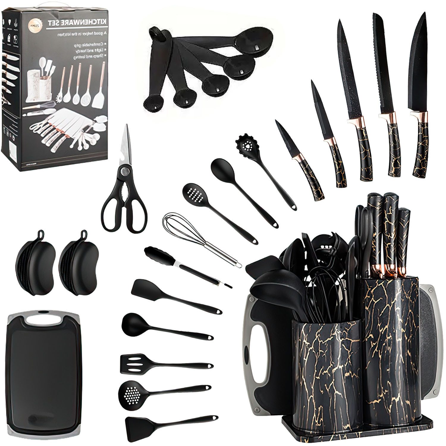 Refined Living Kochbesteck-Set 25st Küchenhelfer Set Silikon Hitzebeständig mit Aufbewahrungsständer (Küchengerät Hitzebeständig küchenutensilien BPA-frei antihaftend, Kochzubehör Bestecksets zum Kochen für beschichtete Pfannen und Töpfe), Vielseitiges Professionelles Kochgeschirr Set mit Aufhängeösen Schwarz