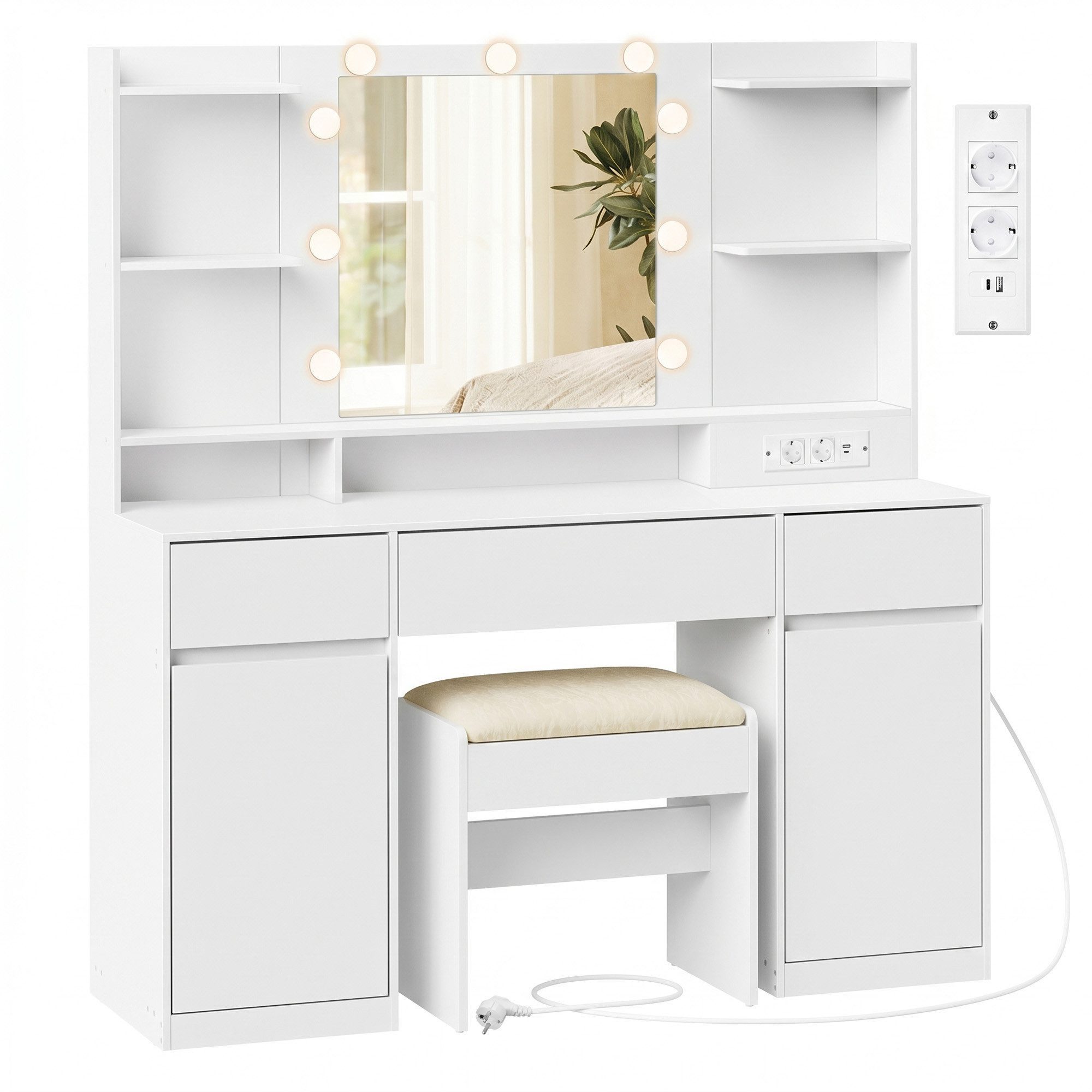 VASAGLE Schminktisch Hocker Steckdosenleiste (1 Tisch mit 1 Hocker), mit Spiegel und LED-Leuchten, 2 Schränke, 9 dimmbare Glühbirnen – Bild 2 von 5