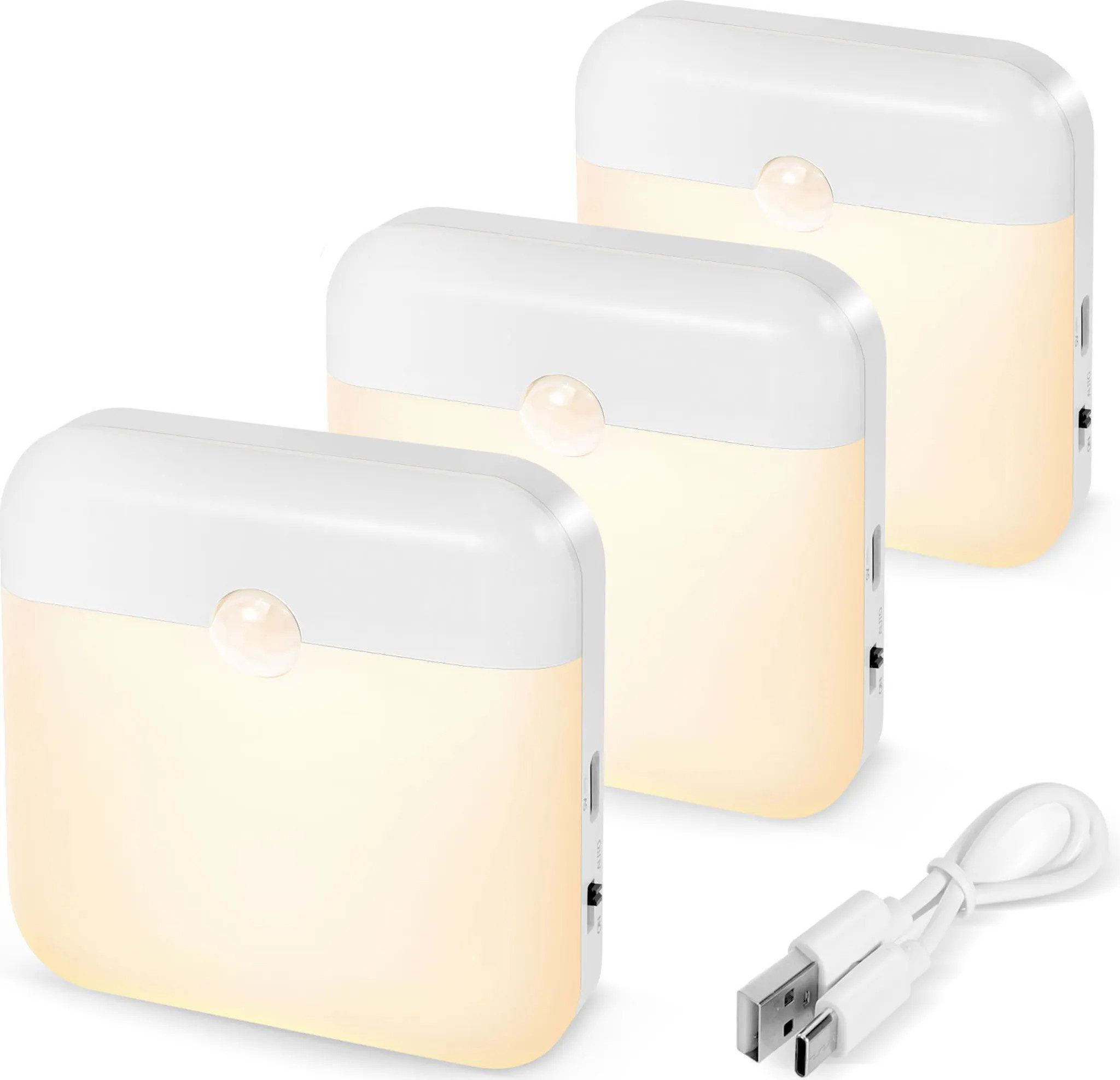 Athlix LED Nachtlicht 3er Pack Nachtlichter mit Bewegungsmelder aufladbar Warmweiß, LED fest integriert, AUTO OFF/ON-Modi, Infrarot-Bewegungssensor