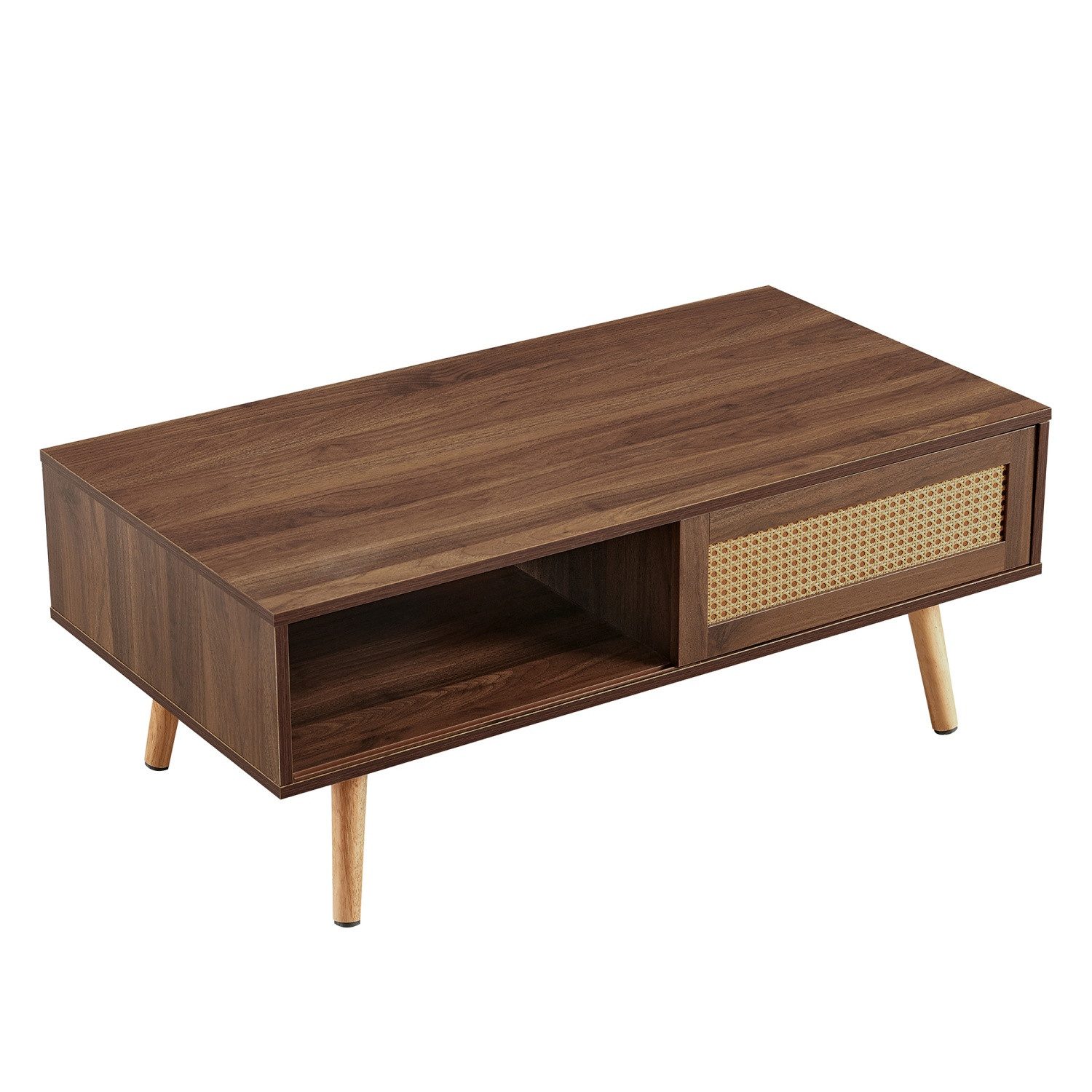 ANYSUN Couchtisch 105cm,Wohnzimmertisch mit Stauraum und Schiebetüren, Geflecht-Design, verstellbare Füße und einfache Montage