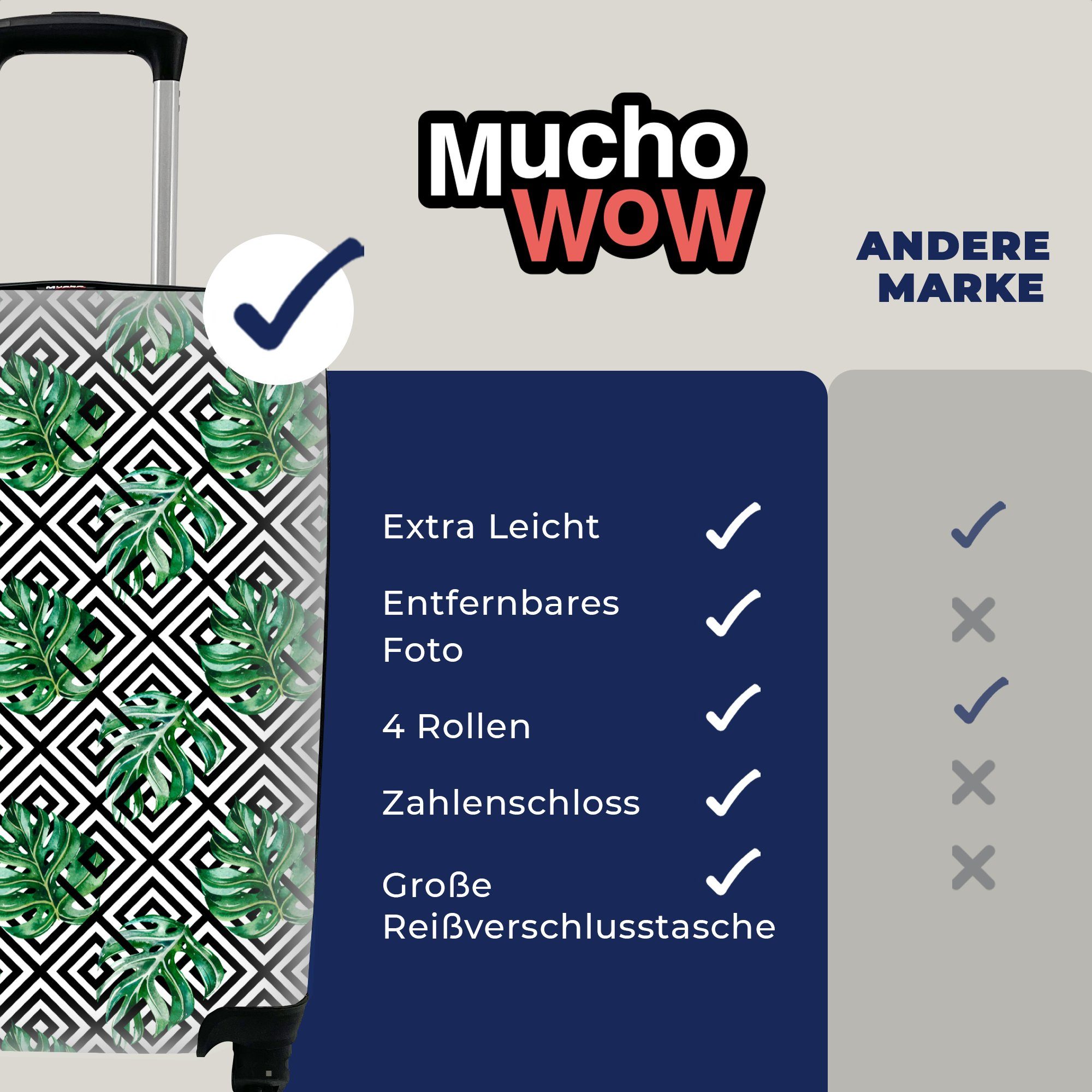 Monstera Trolley, Muster, Ferien, mit Reisetasche Handgepäck Reisekoffer Handgepäckkoffer 4 für - rollen, - Jahrgang Rollen, MuchoWow