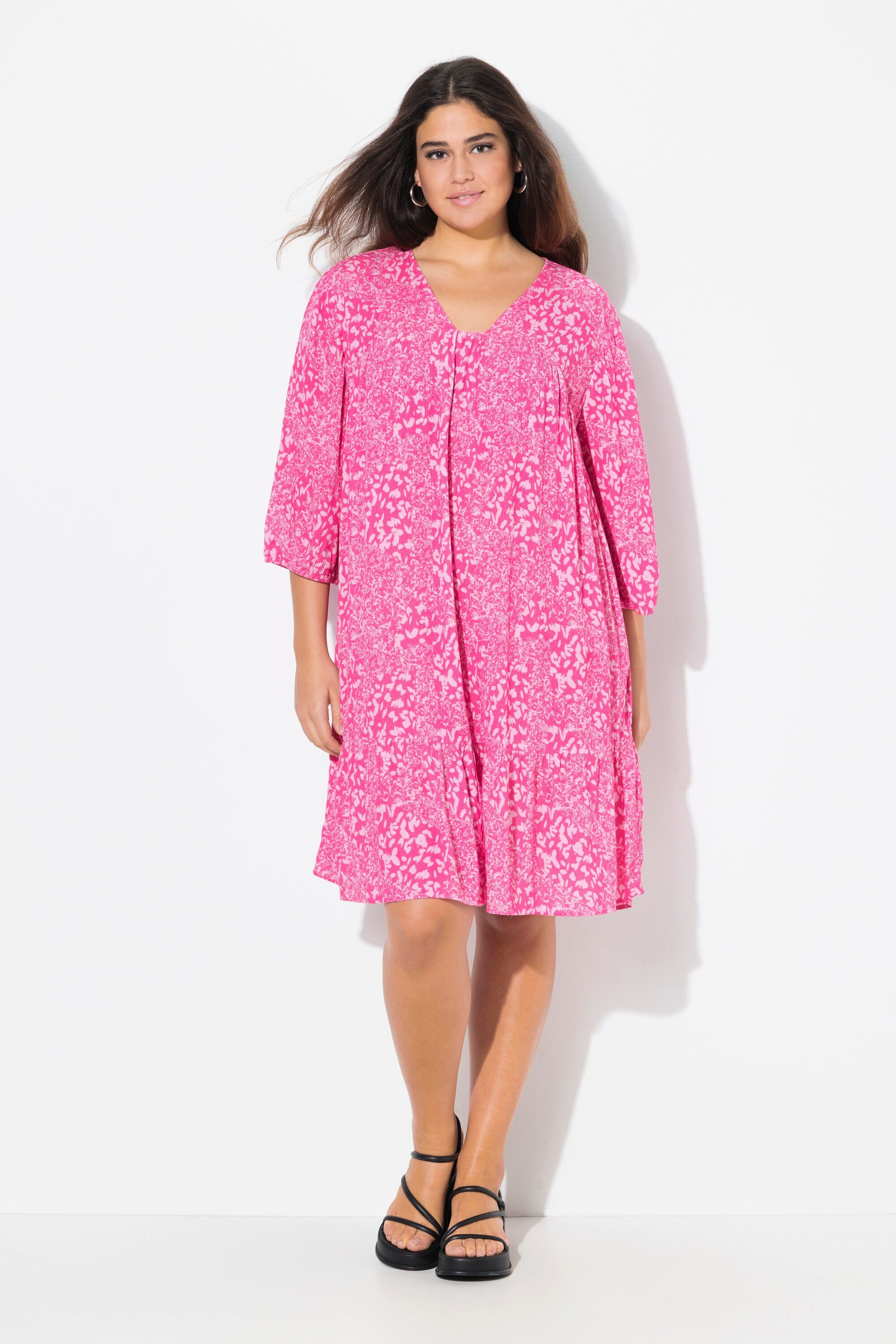 Ulla Popken Midikleid Kleid Volantsaum A-Linie V-Ausschnitt 3/4-Arm günstig online kaufen