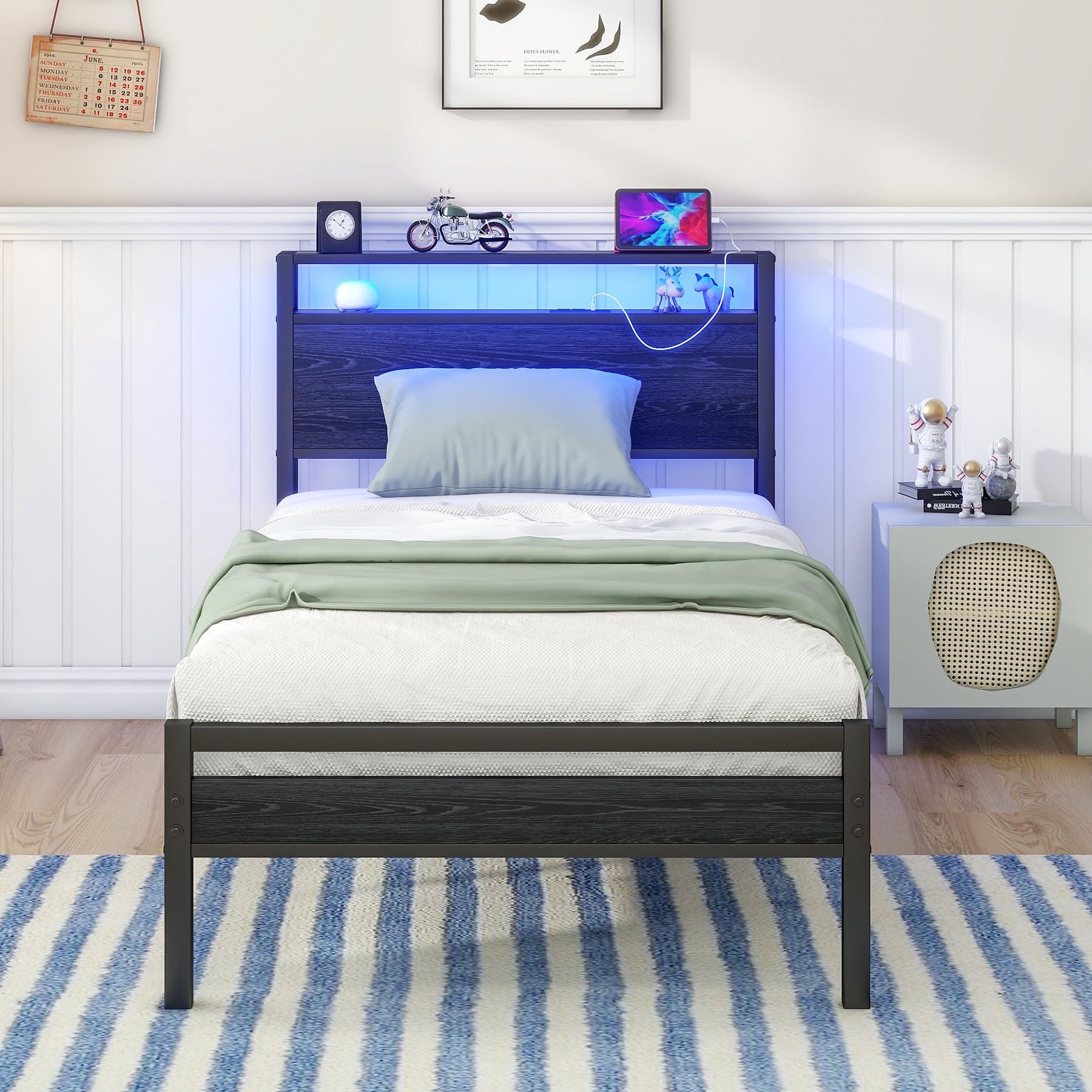 HOMERECOMMEND Metallbett mit Ladestation, LED Beleuchtung, USB-Ladefunktion, 90x200cm, Schwarz (1-tlg), Bettrahmen mit Ladestation, Kein Boxspring erforderlich