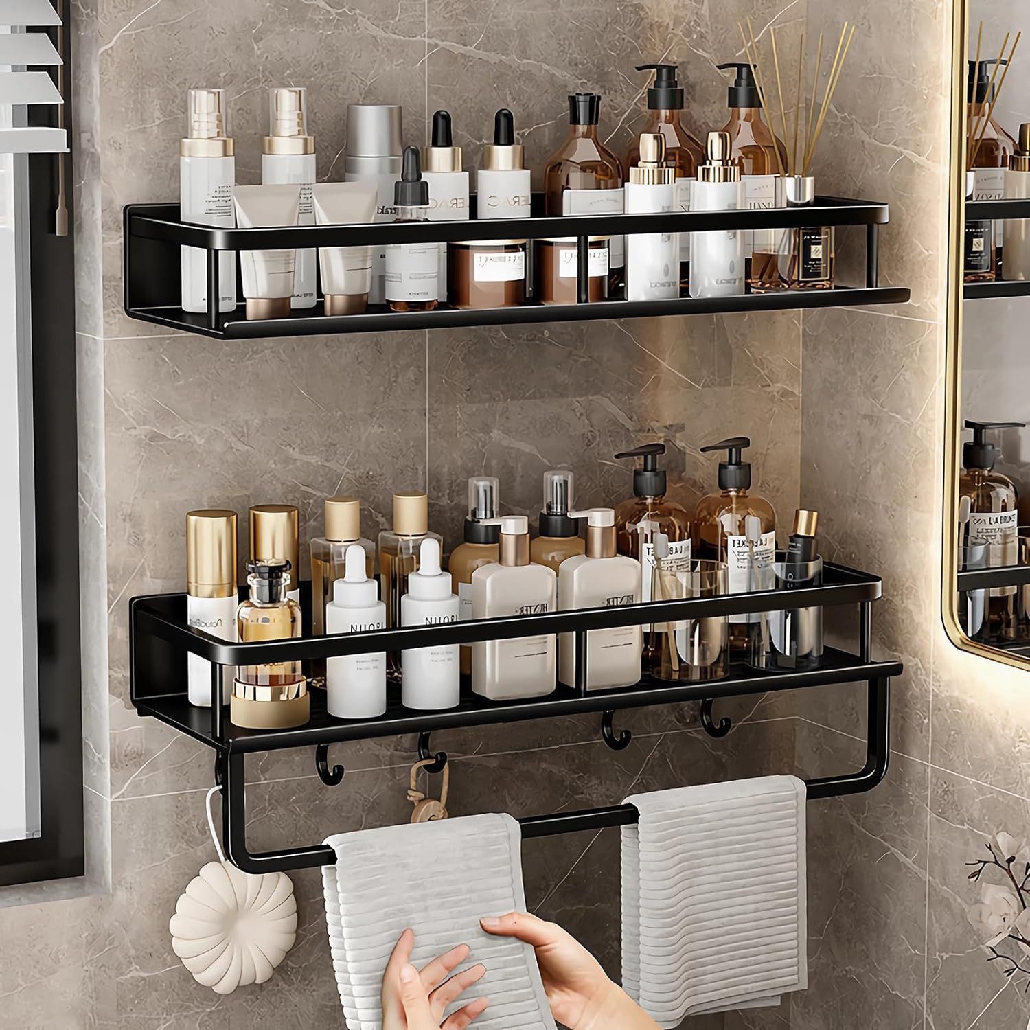 Toomoke Duschregal Duschablage ohne Bohren-2 Stück Duschkorb mit Handtuchhalter,4 Haken, Shampoo Halterung für Badezimmer Organizer – Bild 4 von 5