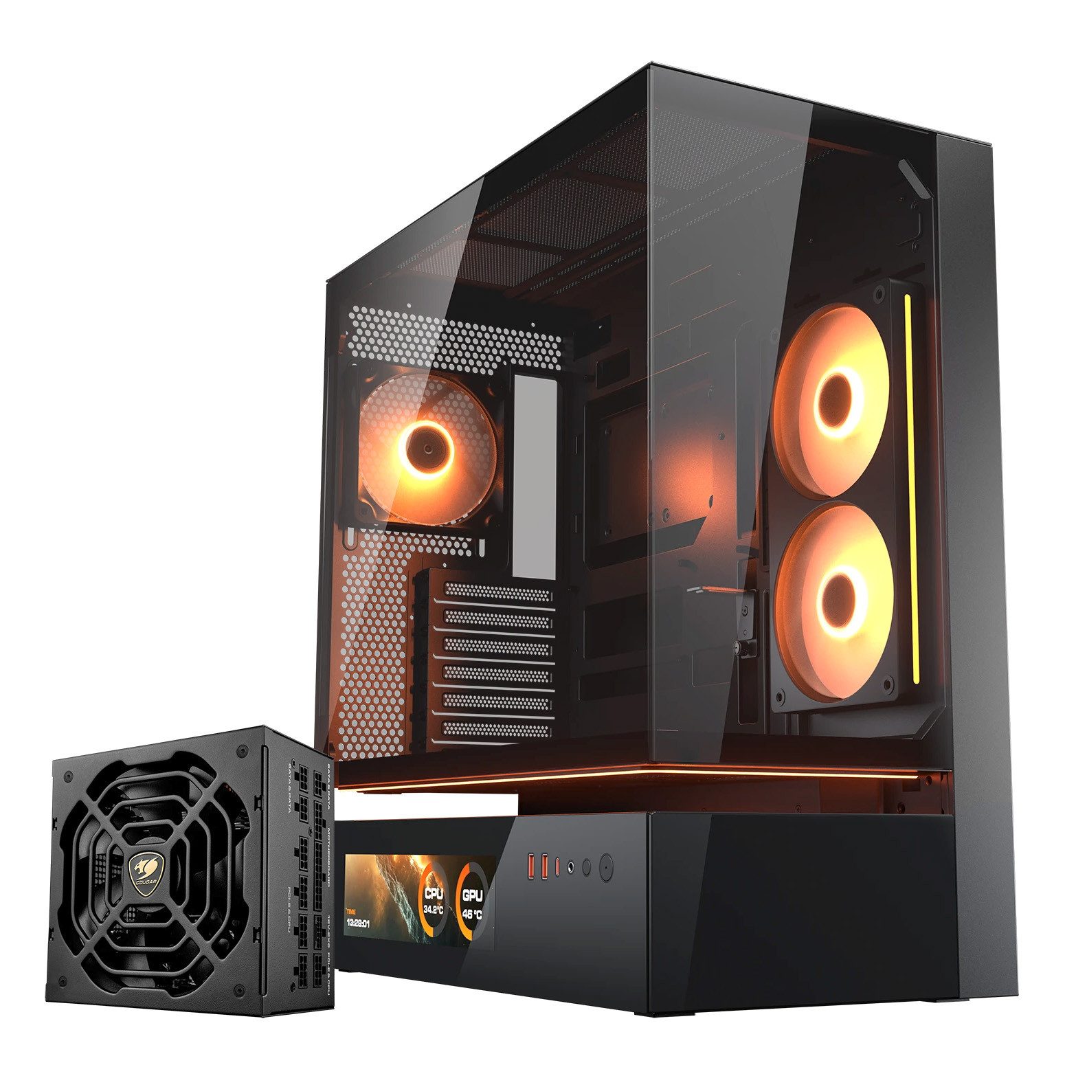 Cougar Gaming-Gehäuse CFV235 Vision, Midi-Tower, USB/Audio, 1x USB-C 3.2 Gen2, 2x USB 3.0, Netzteil GR 1000 80+ Gold vorinstalliert, ATX, 2 Lüfter vormontiert