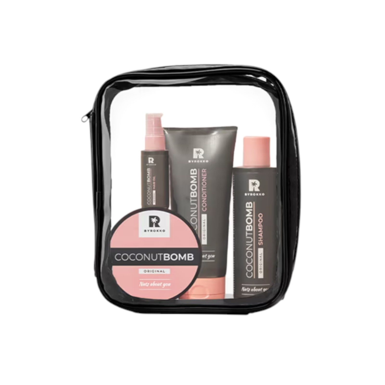 BYROKKO Haarpflege-Set Luxus-Haarbündel, 1x Coconut Bomb hair mask+1x Coconut Bomb shampoo+1x Coconut Bomb conditioner+1x Coconut Bomb hair oil+1x Cosmetic Bag, 5-tlg., 5-teilig