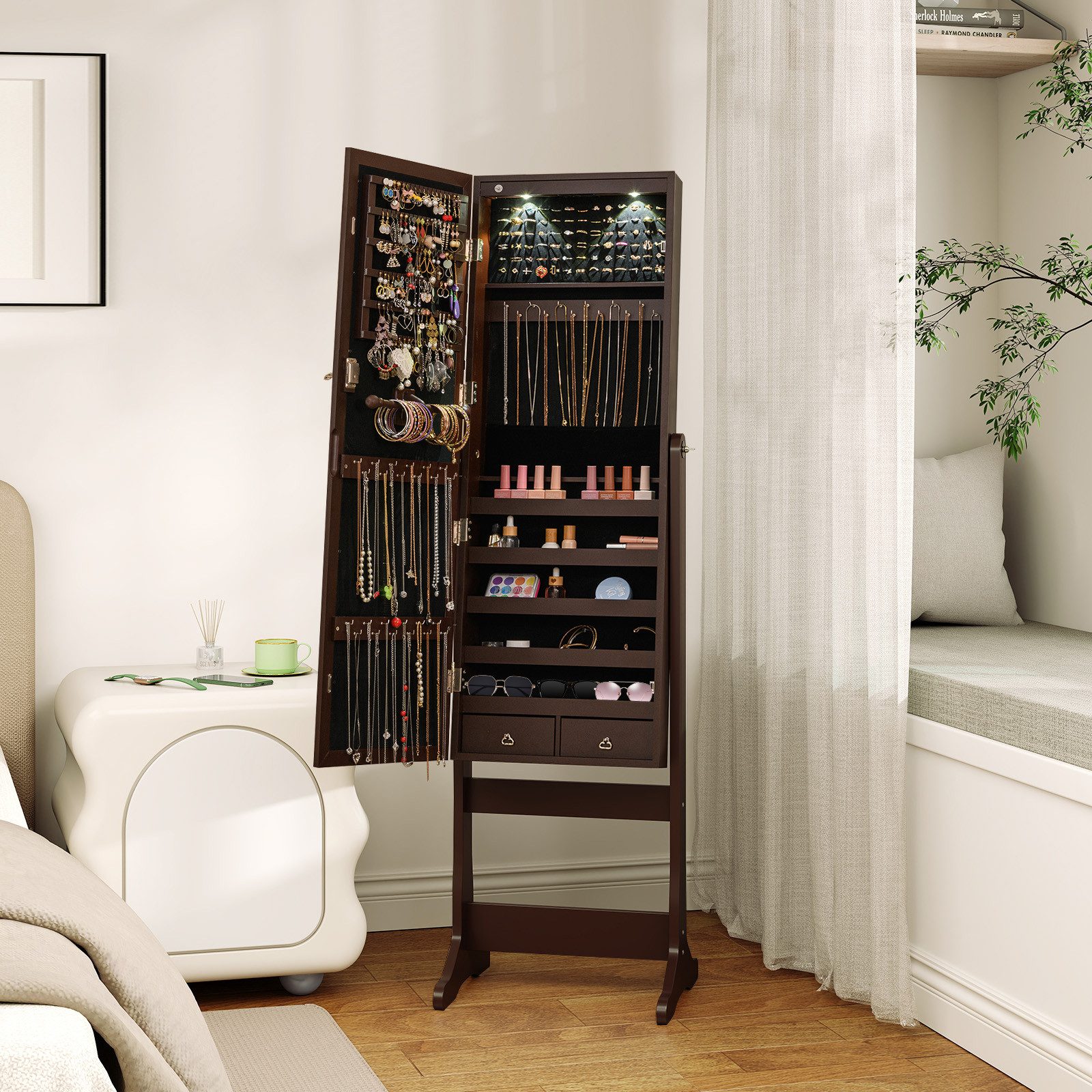 COSTWAY Schmuckschrank (1-St) stehender Spiegelschrank mit Beleuchtung, neigbar