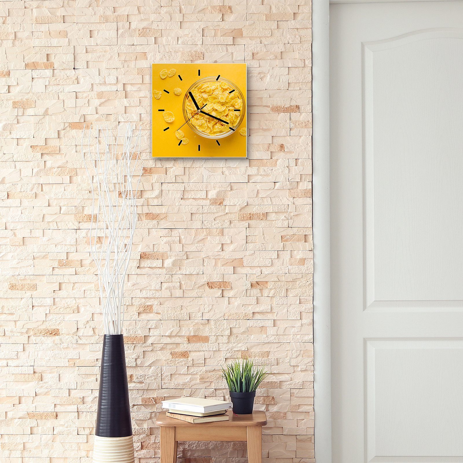 Gelbe Cerealien Motiv Wanduhr cm Größe Glasuhr 30 x 30 Wandkunst mit Wanduhr Primedeco