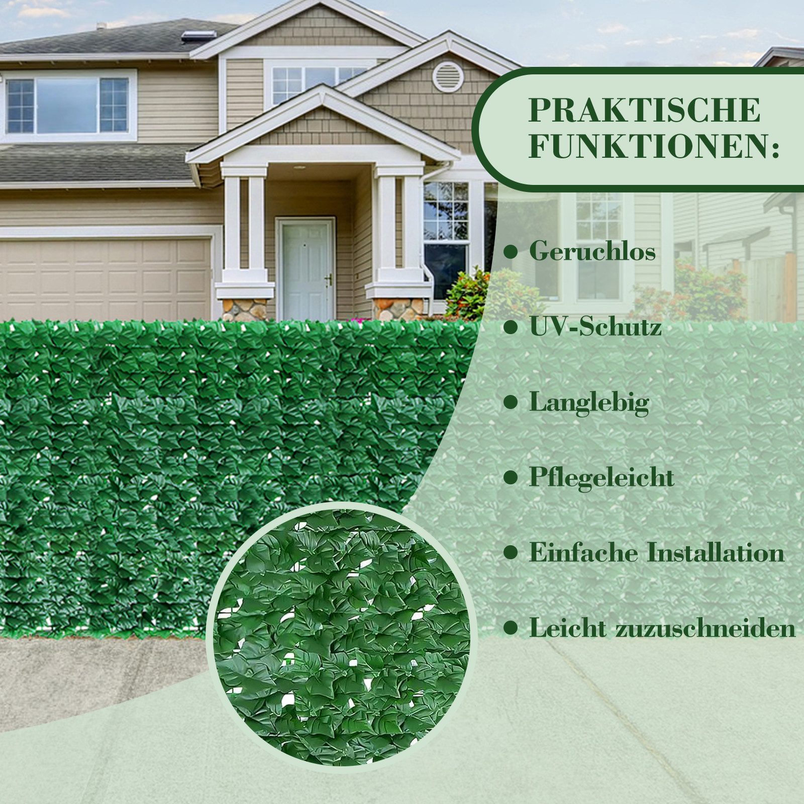 BlingBin Kunsthecken-Sichtschutz Künstliche Efeu Hecke Windschutz, Balkon Sichtschutz Efeu, 1x3 m/1x6 m, (1er Set, 1-St., Inklusive 20 Kabelbinder), Dekoration für Außenbereich Gartendekoration Sichtschutz Windschutz