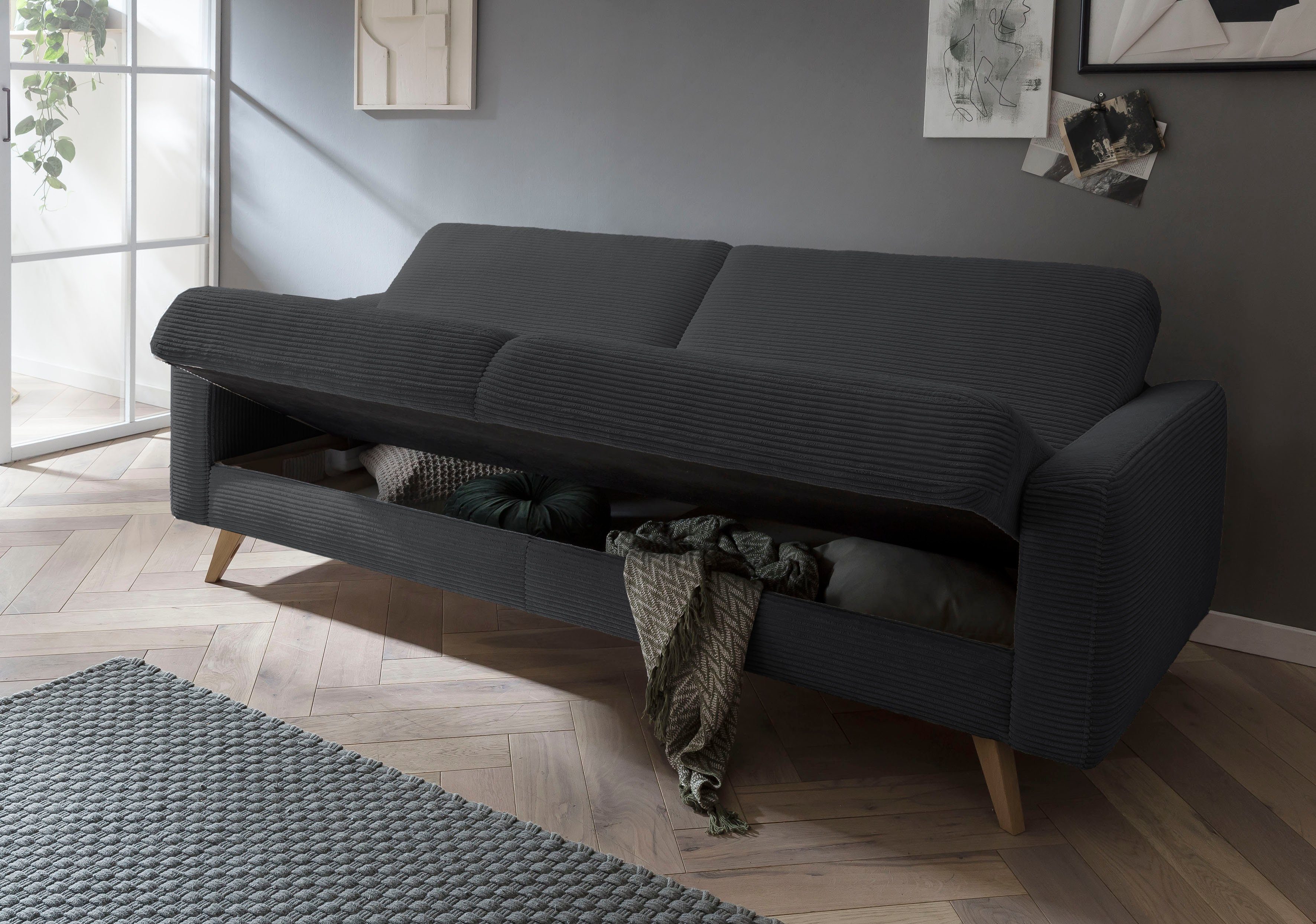 exxpo - sofa fashion antrazith 3-Sitzer Inklusive und Bettkasten Samso, Bettfunktion