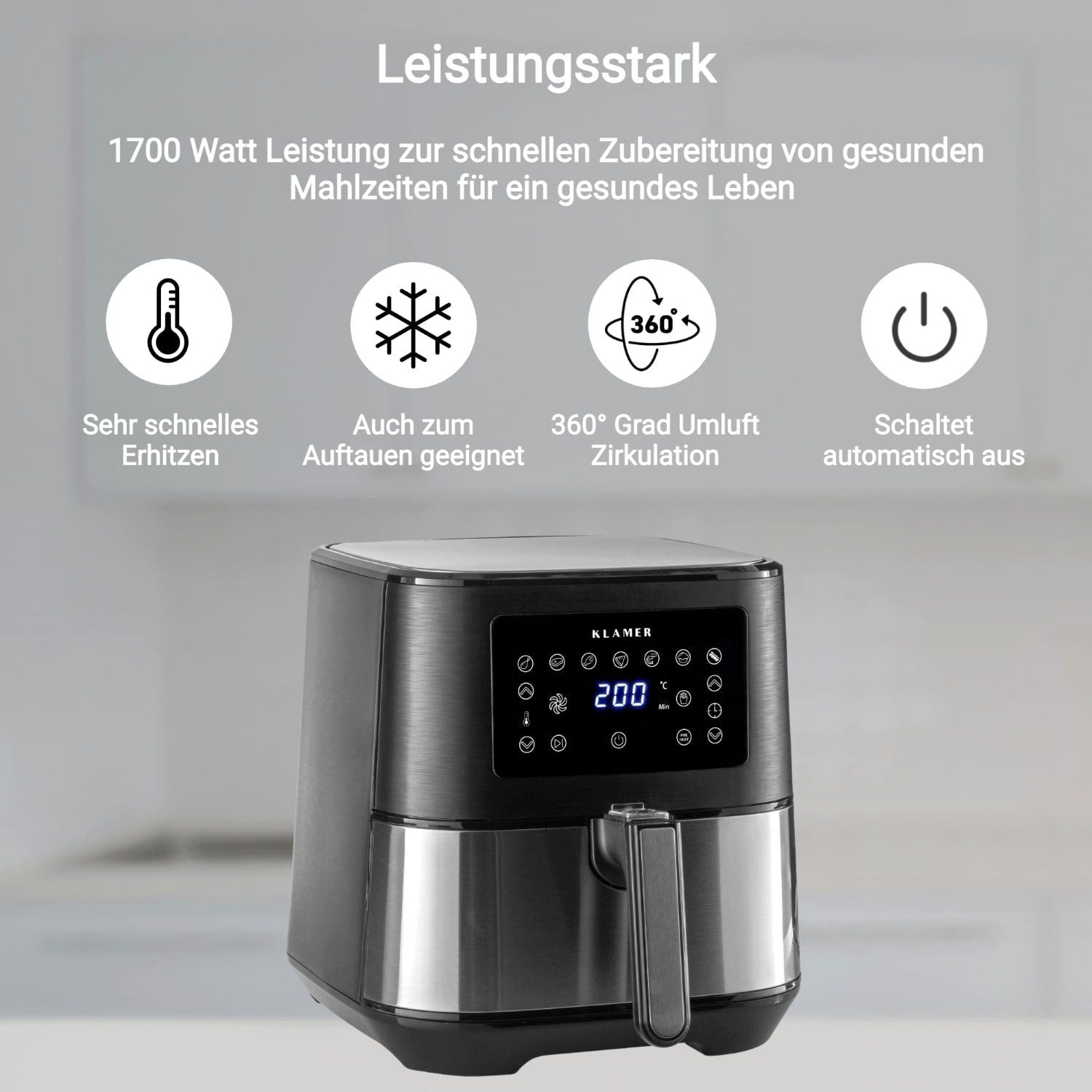 KLAMER Heißluftfritteuse XL 5,5l, Multifunktionale Heissluftfritteuse, ölfreie Fritteuse, 1700W Airfryer, 1700 W, LED Display, Antihaftkorb, Voreingestellte Kochprogramme, Cool-Touch