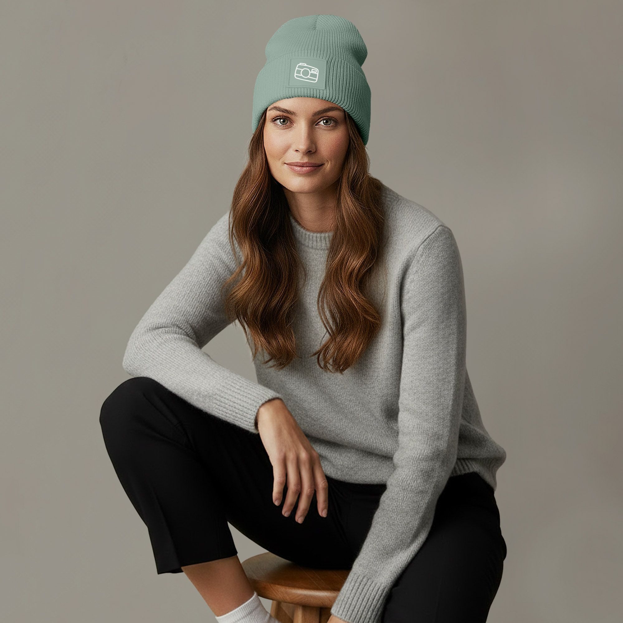 Neverless Strickmütze Damen Beanie Patch bedruckt Kamera Logo Aufdruck Prin günstig online kaufen