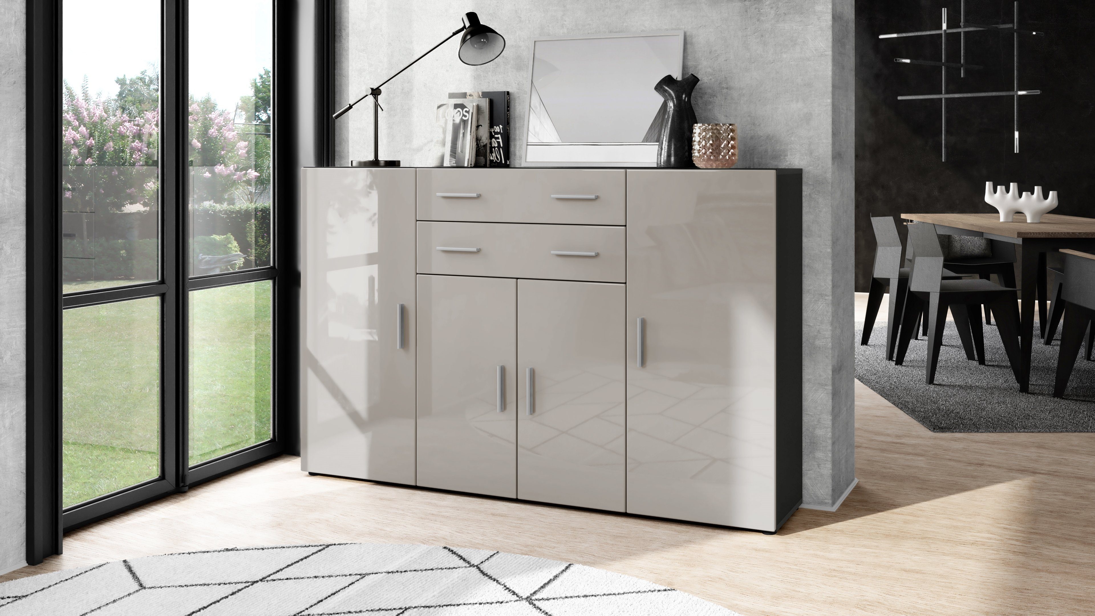 Vladon Highboard Aron (Anrichte, mit 4 Türen und 2 Schubladen), Anthrazit matt/Sandgrau Hochglanz (166,5 x 106,5 x 35 cm)