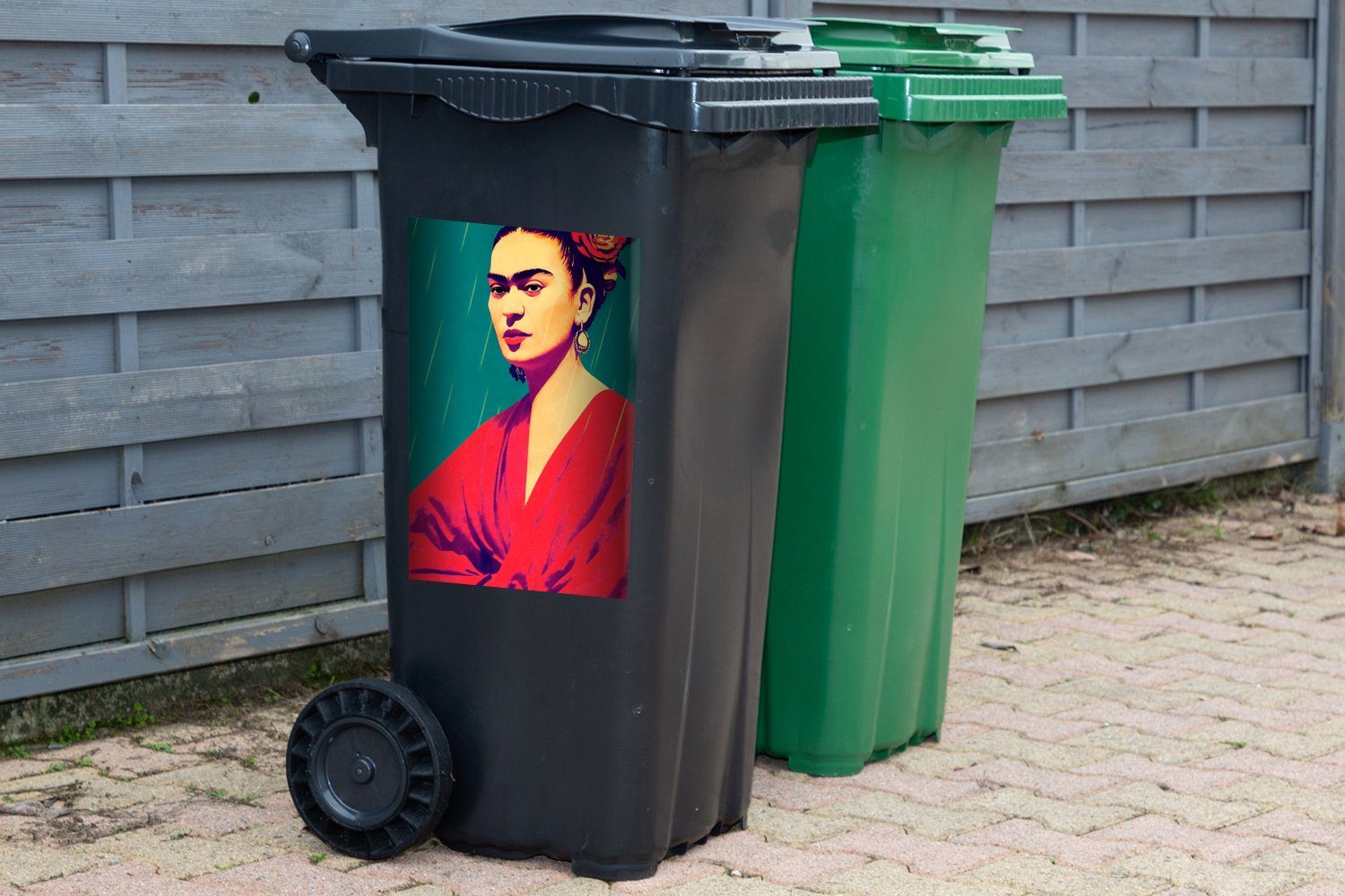 Rot Vintage (1 Wandsticker - MuchoWow St), Sticker, Mülleimer-aufkleber, Frida Kahlo Container, Frau - - Abfalbehälter Mülltonne, - Porträt