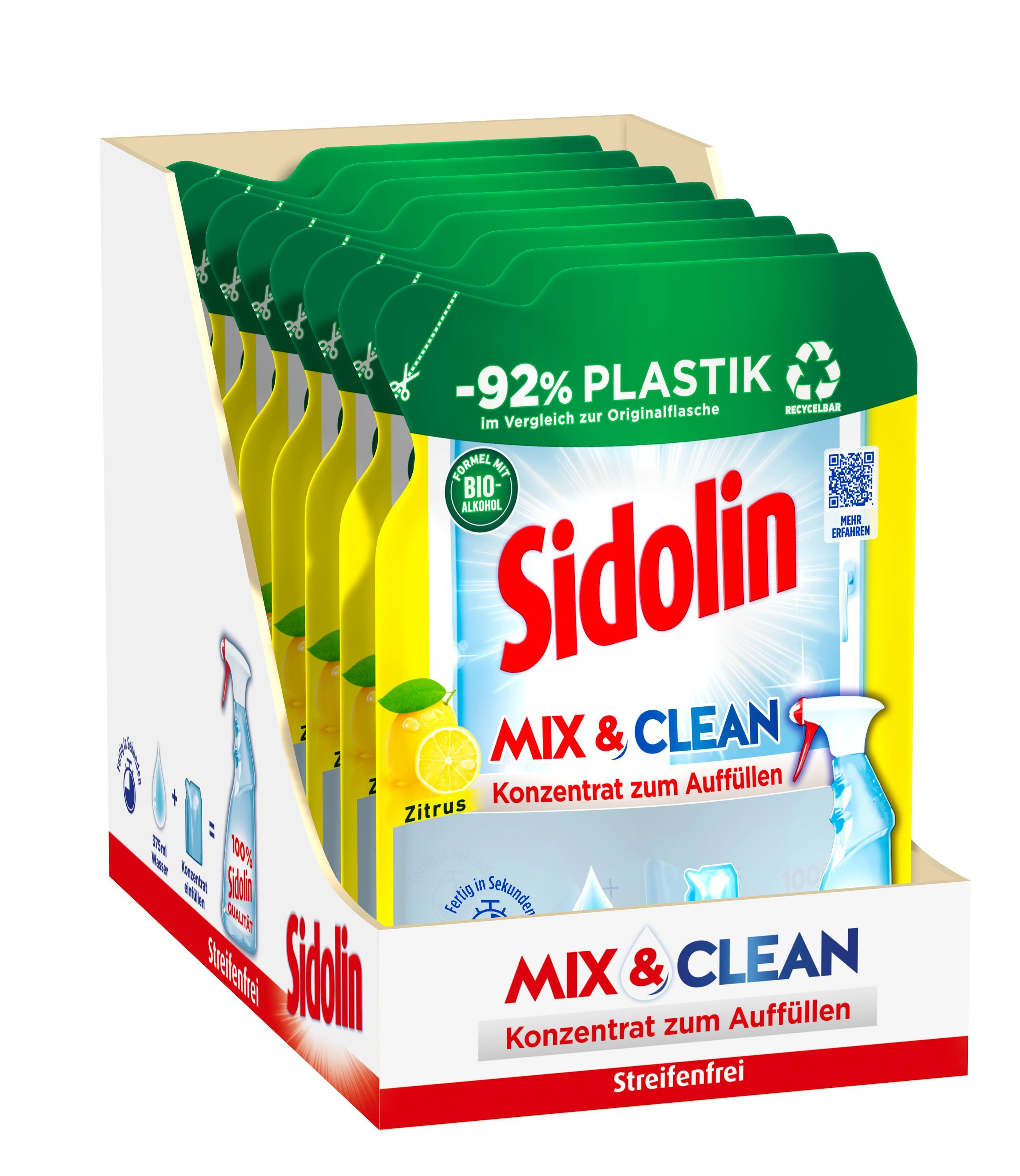 SIDOLIN Streifenfrei Konzentrat Mix & Clean Zitrus (8x 125ml) Glasreiniger (Spar-Pack, [8-St. Glanz & Schutz, Fensterreiniger mit Bio-Alkohol -92% Plastik im Vergleich zur Originalflasche)