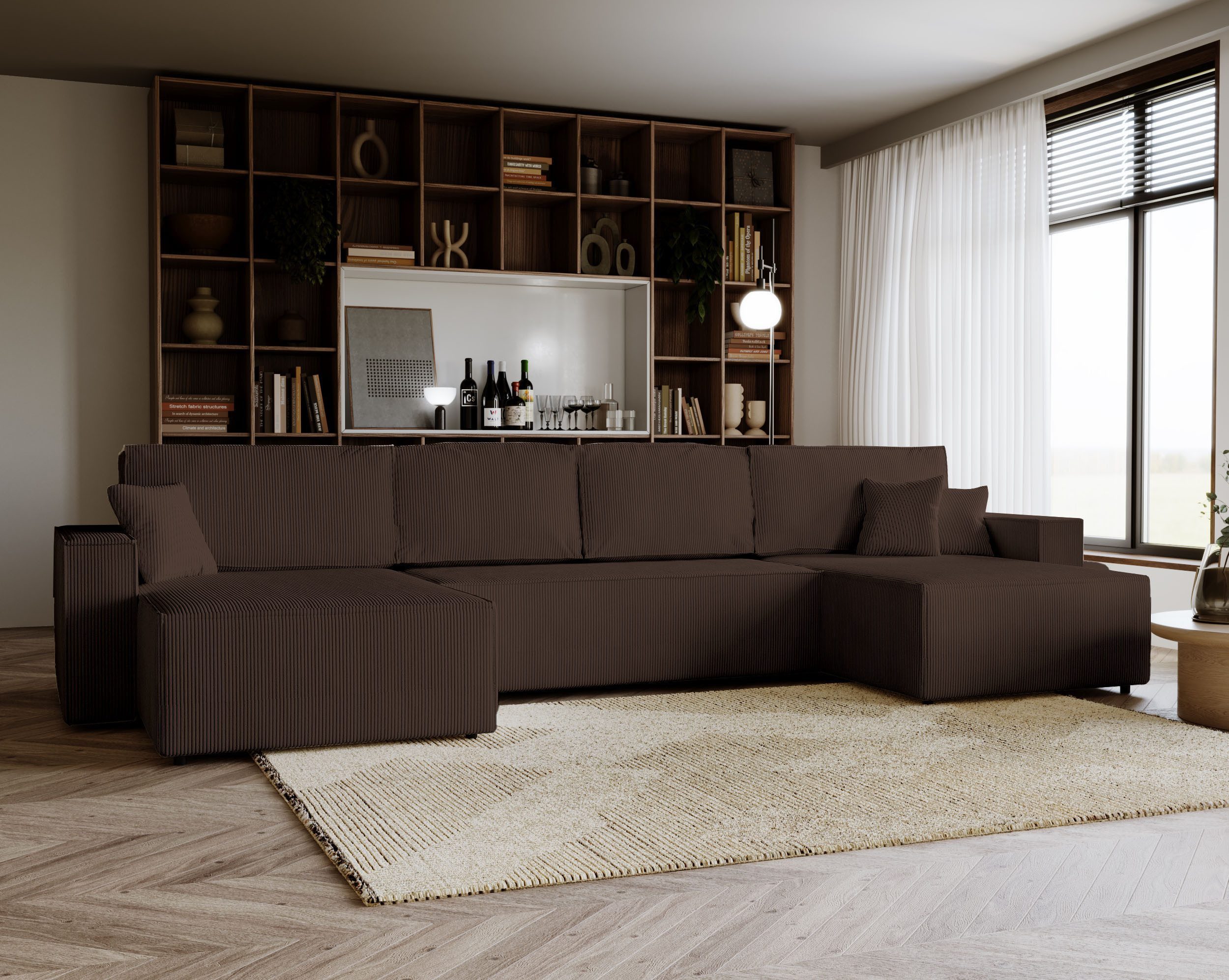 Goldstoff Ecksofa Cordstoff - U-Sofa mit Schlaffunktion und Bettkasten, Amalia Couch mit Cord-Bezug - Schlafsofa mit Liegefläche 330x147 cm - Stauraum - Komfort-Polsterung, Universell stellbar rechts/links